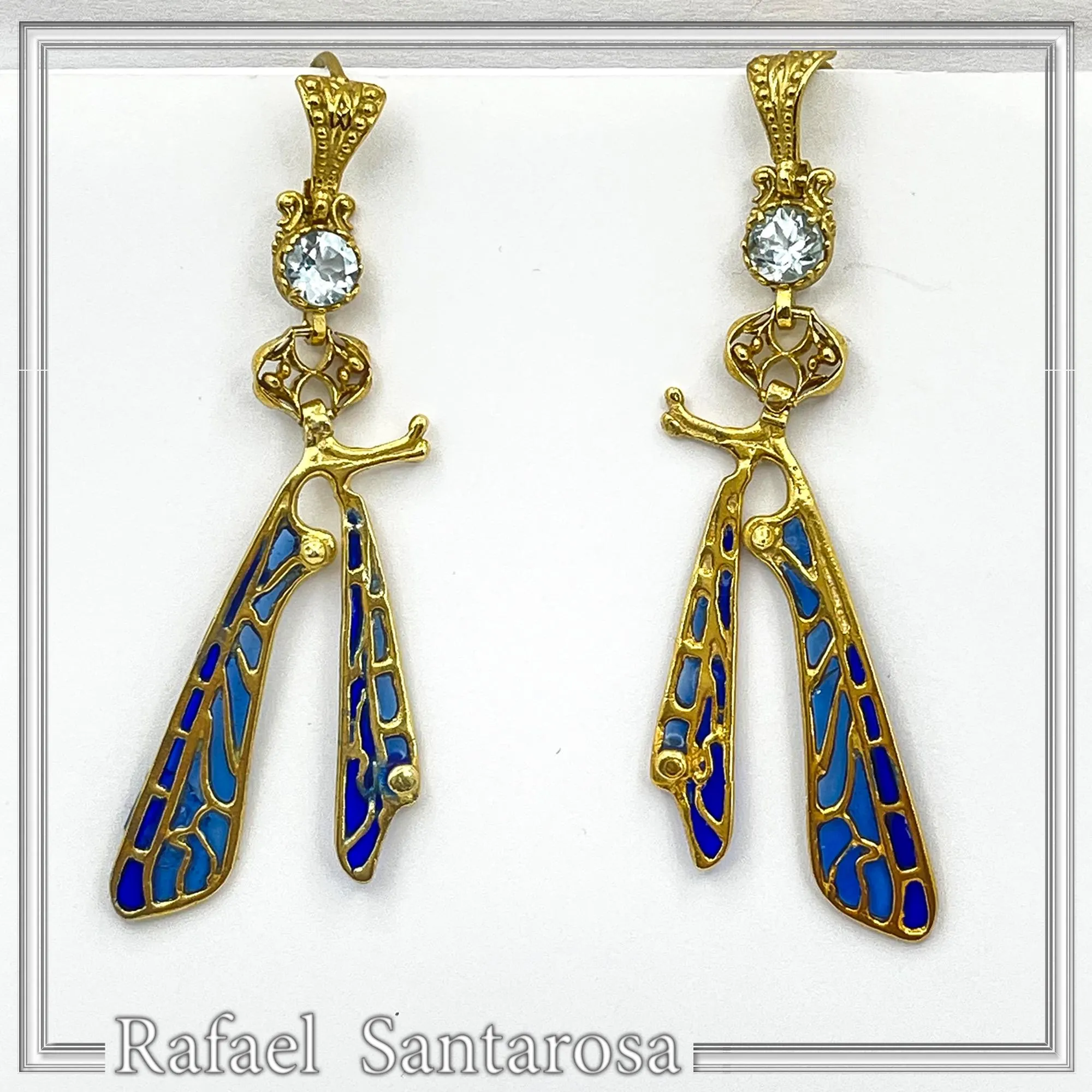 Art Nouveau Dragonfly feather Sterling Silver Earrings Gold Filled Blue Enamel Sky Blue Topaz Handmade Jewelry — additional product image 6 from Rafael Santarosa Fine Jewelry