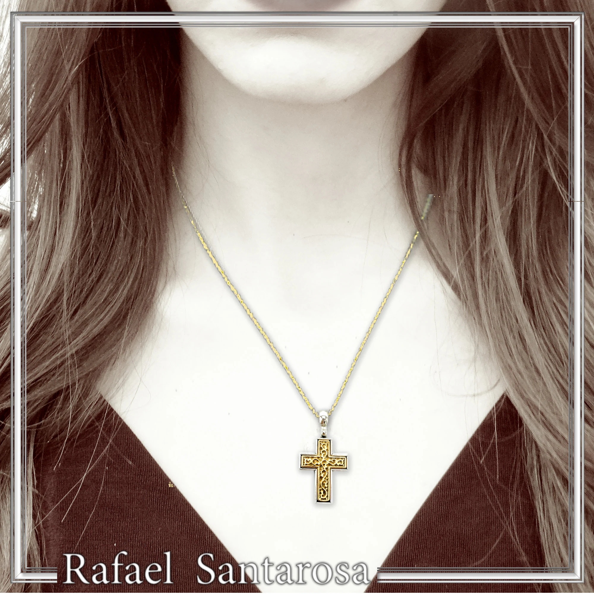 Byzantine Cross Pendant Religious Orthodox Necklace: Sterling Silver oxidised and 18k Gold Filled — additional product image 3 from Rafael Santarosa Fine Jewelry