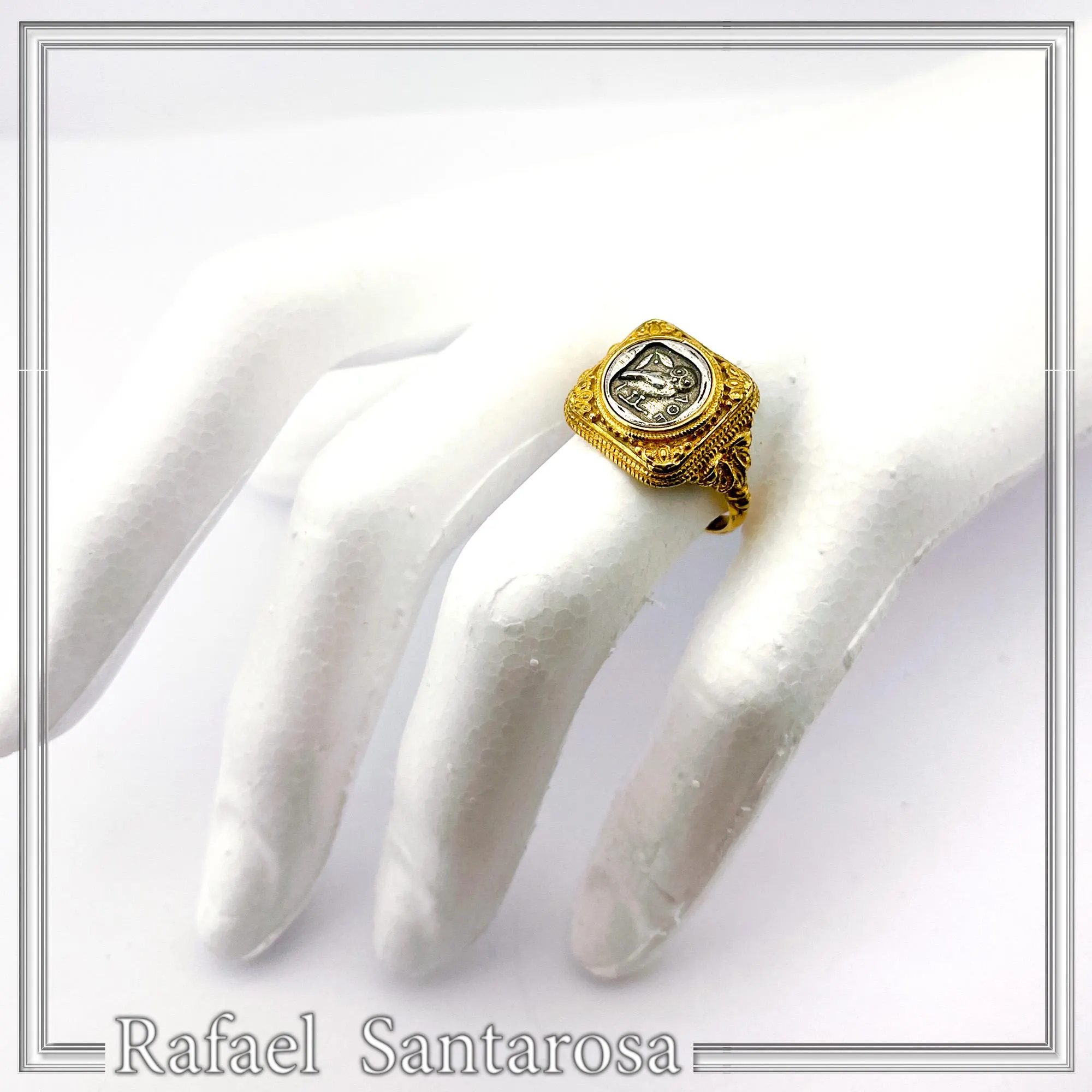 Tetradrachm Owl Coin Filigree Ring: Oxidized Silver Coin on 18K Gold Filled, Museum Replicas — additional product image 4 from Rafael Santarosa Fine Jewelry