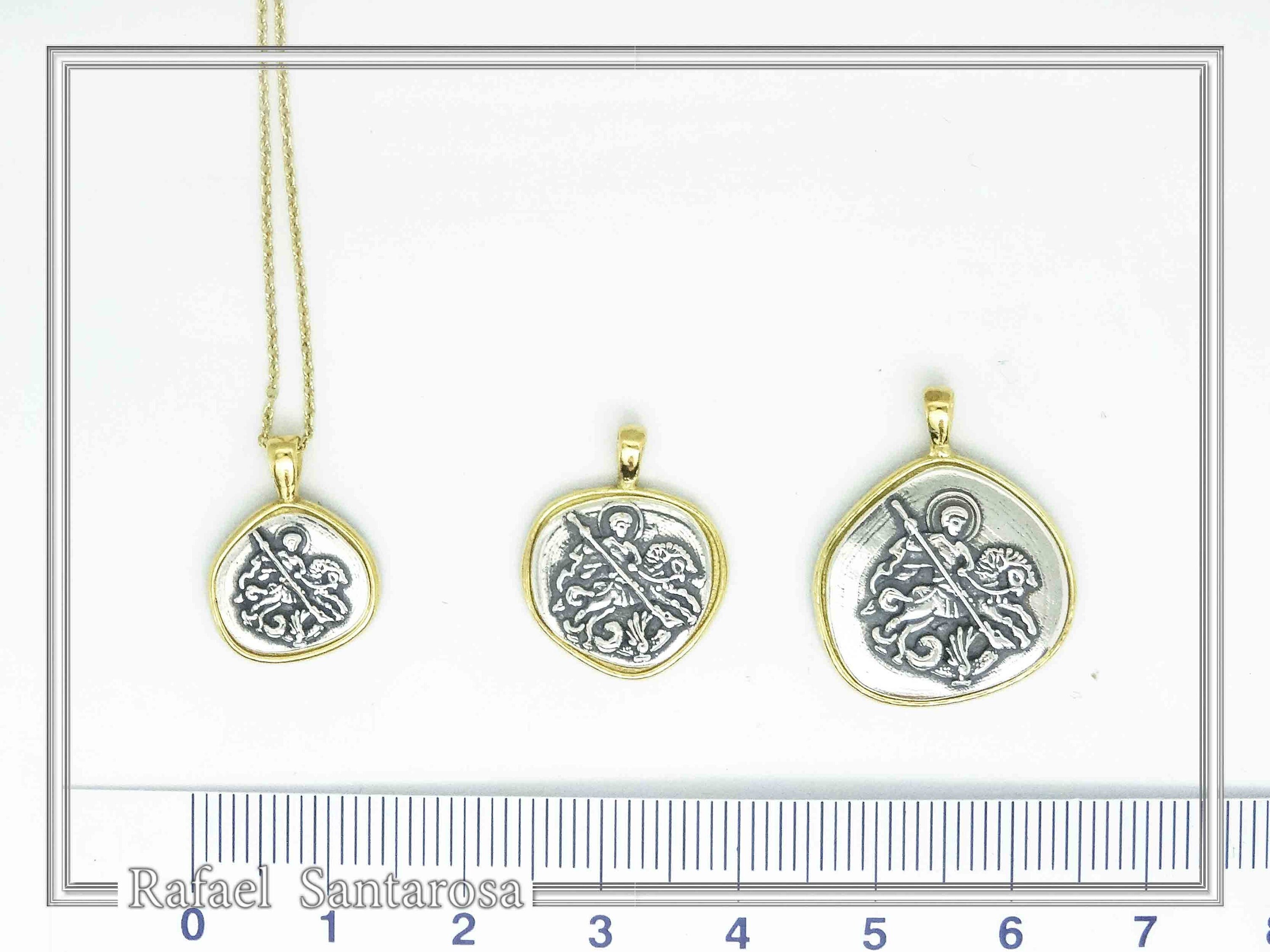 St George Killing Dragon Necklace Byzantine Talisman: Sterling Silver Oxidised & 18K Gold-Filled — additional product image 7 from Rafael Santarosa Fine Jewelry