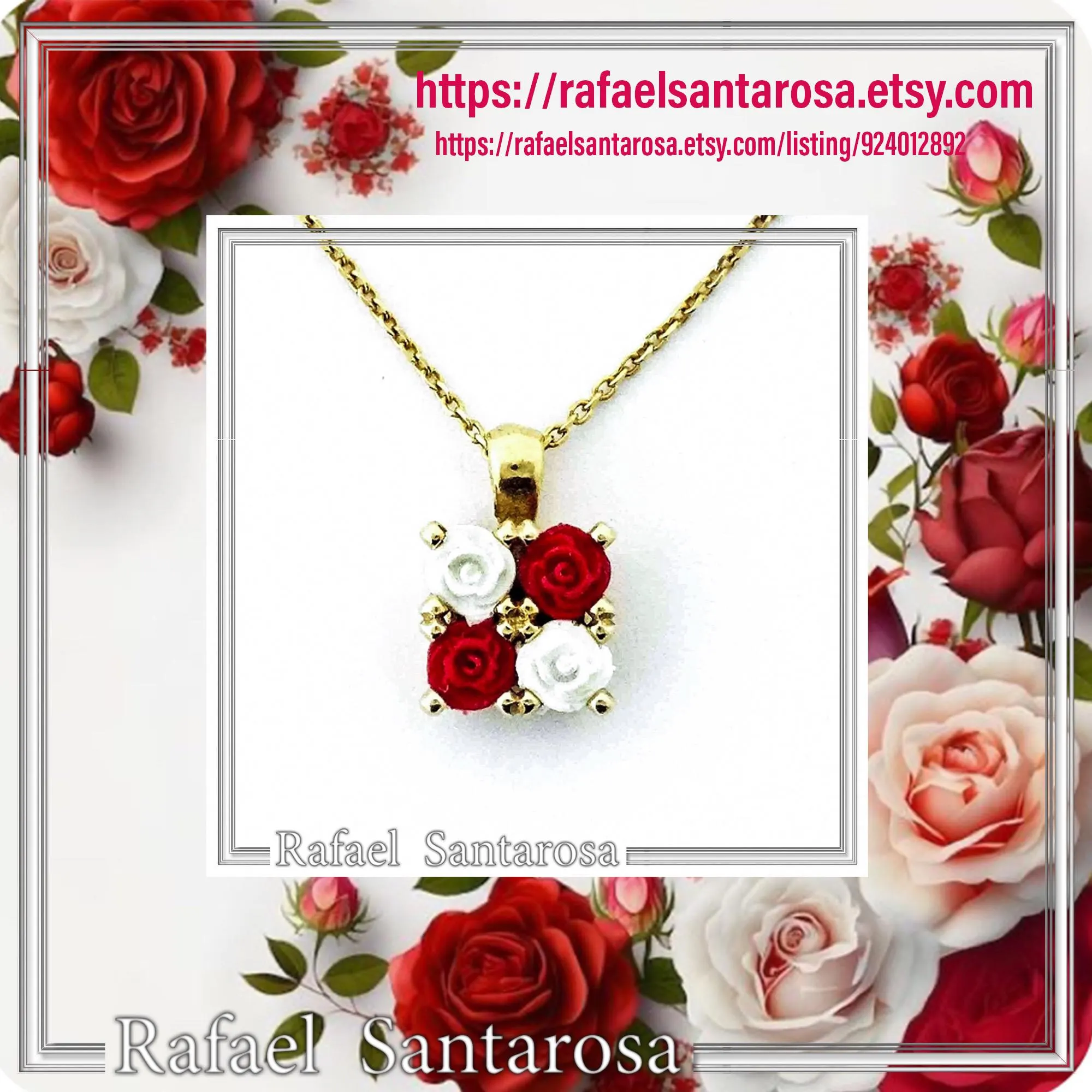 Alabaster Rose Flowers Gems Bouquet Square Necklace: Red &White Roses, Silver 18K Gold Filled. — additional product image 10 from Rafael Santarosa Fine Jewelry