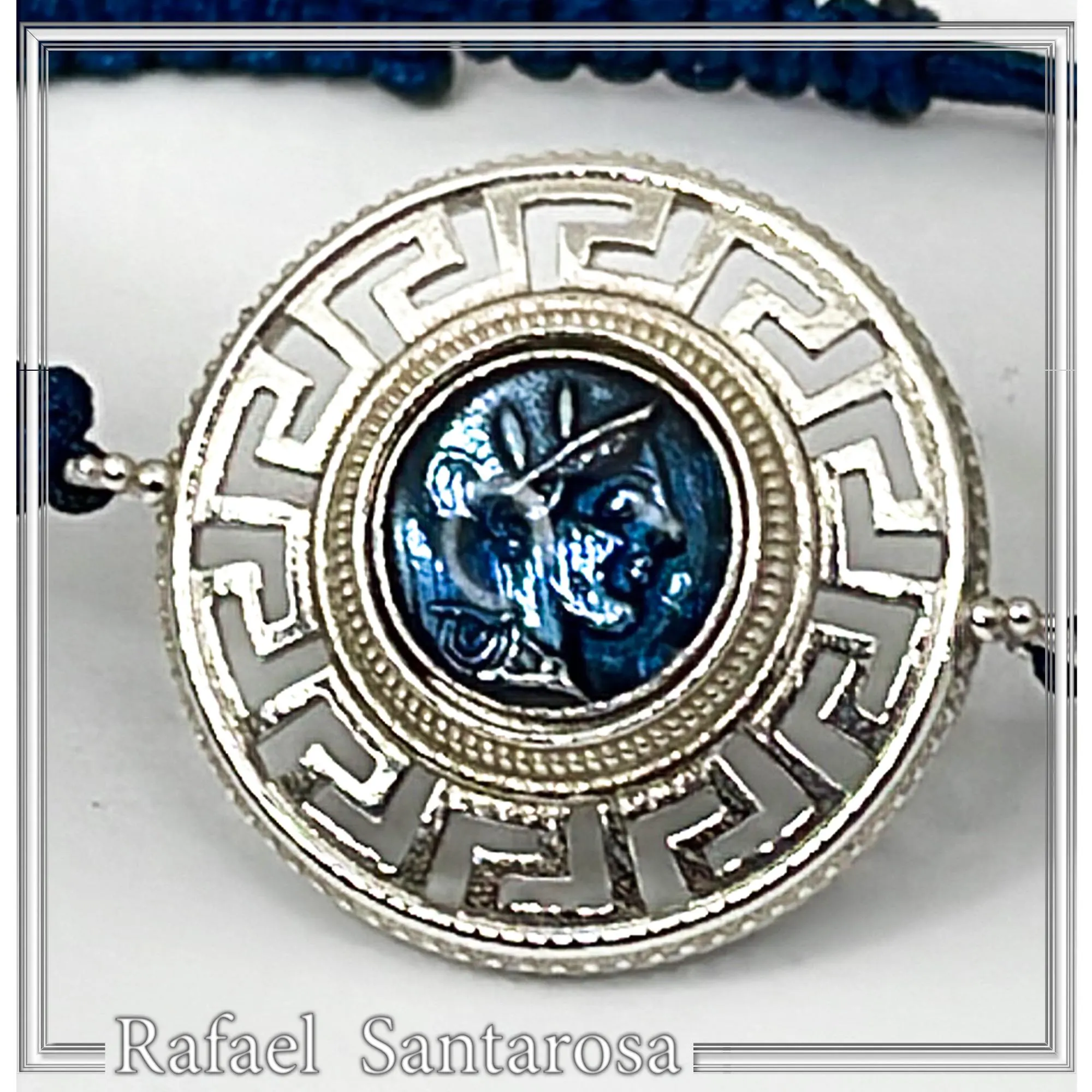 Sterling Silver Athena Promachos Bracelet Greek Key Tetradrachm Sky Blue Enamel Macrame Cord Viscose — additional product image 3 from Rafael Santarosa Fine Jewelry