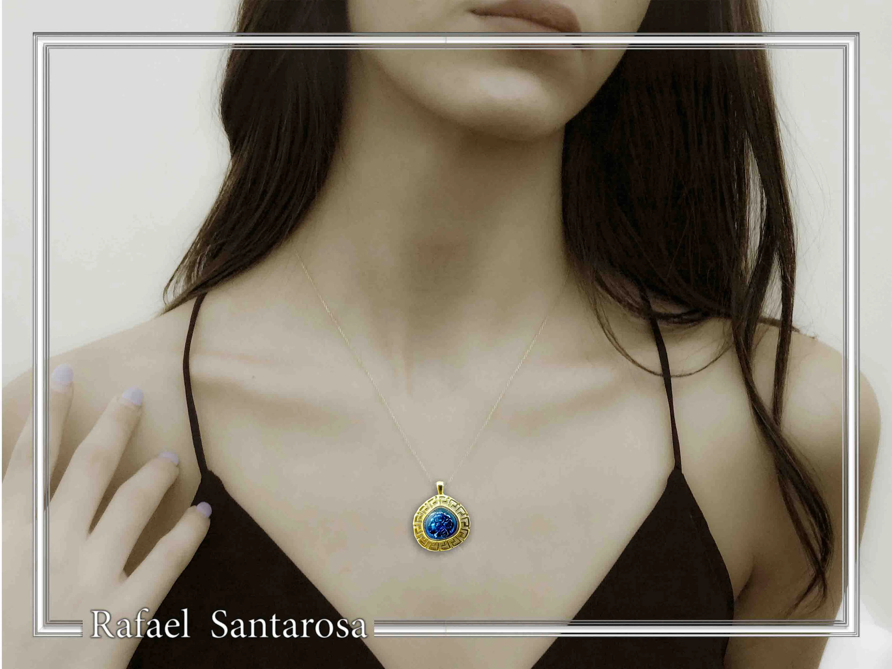 Alexander the Macedon coin silver necklace with Greek key 18k gold filled & sky-blue enamel. — additional product image 4 from Rafael Santarosa Fine Jewelry