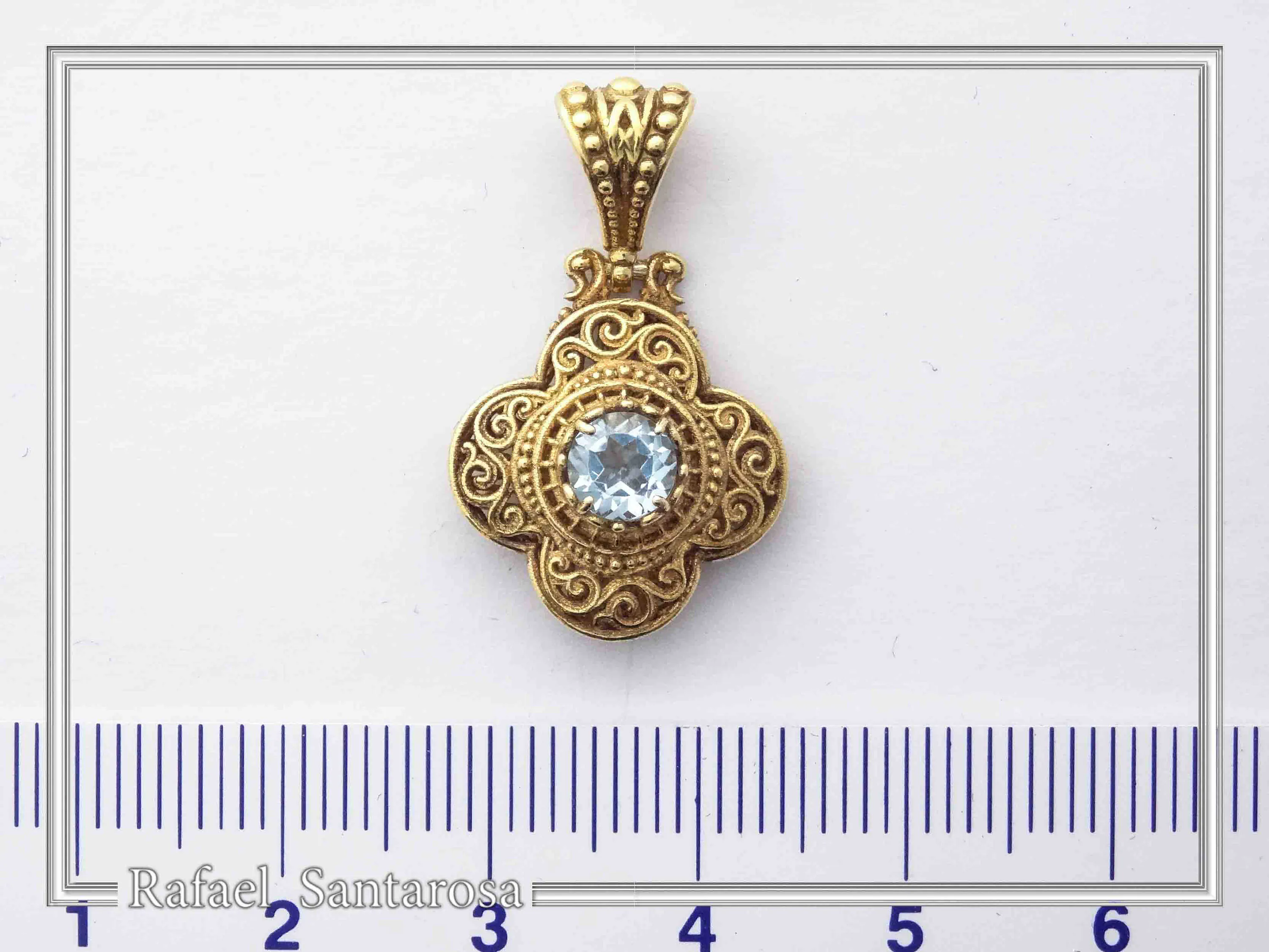 Byzantine Cross Sky-Blue Topaz Pendant: Handmade Filigree 18k Gold Filled Sterling Silver Necklace — additional product image 7 from Rafael Santarosa Fine Jewelry