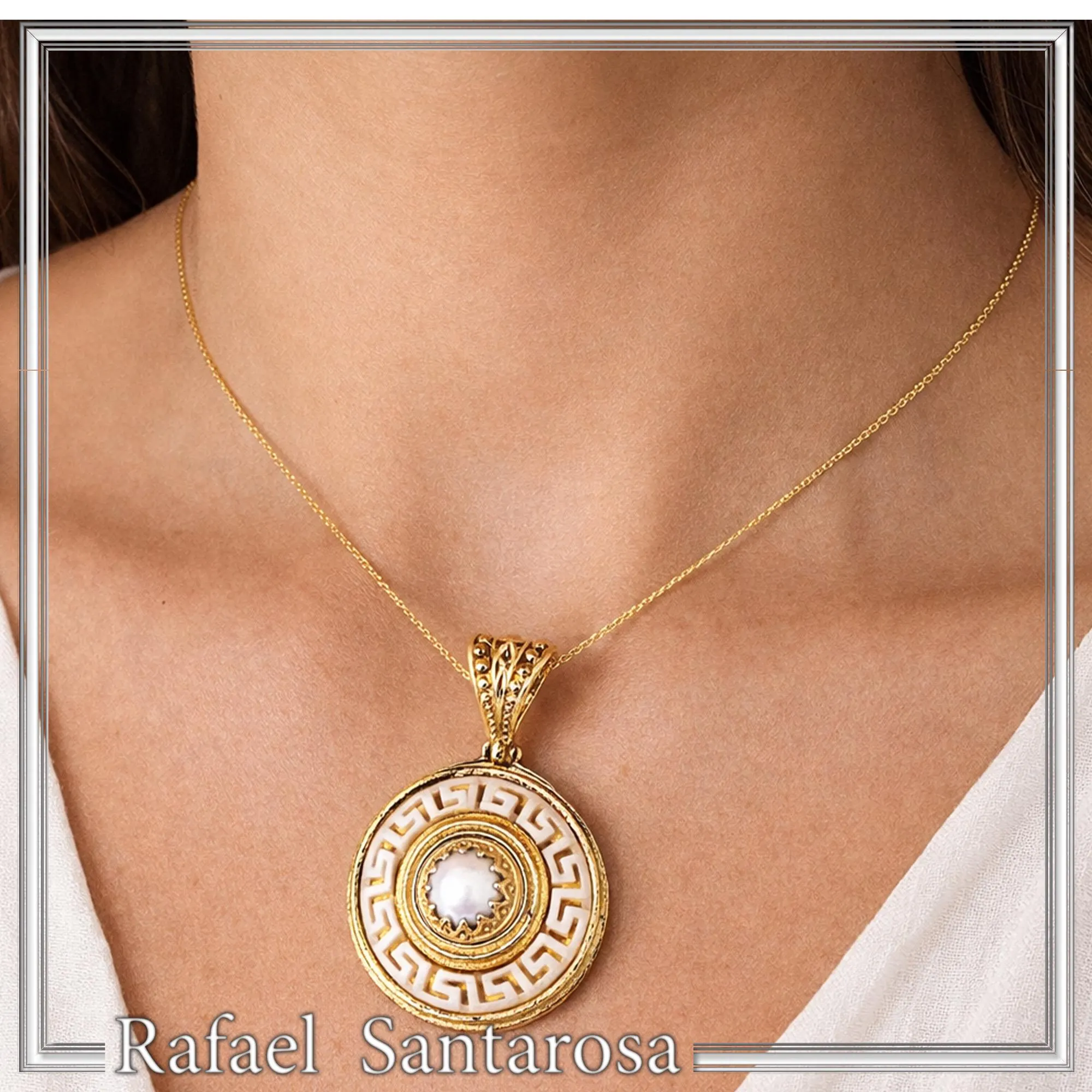 Greek Key Maiandros Sculptured on Marble Necklace: Sterling Silver 18K Gold Filled, Natural Pearl — additional product image 2 from Rafael Santarosa Fine Jewelry