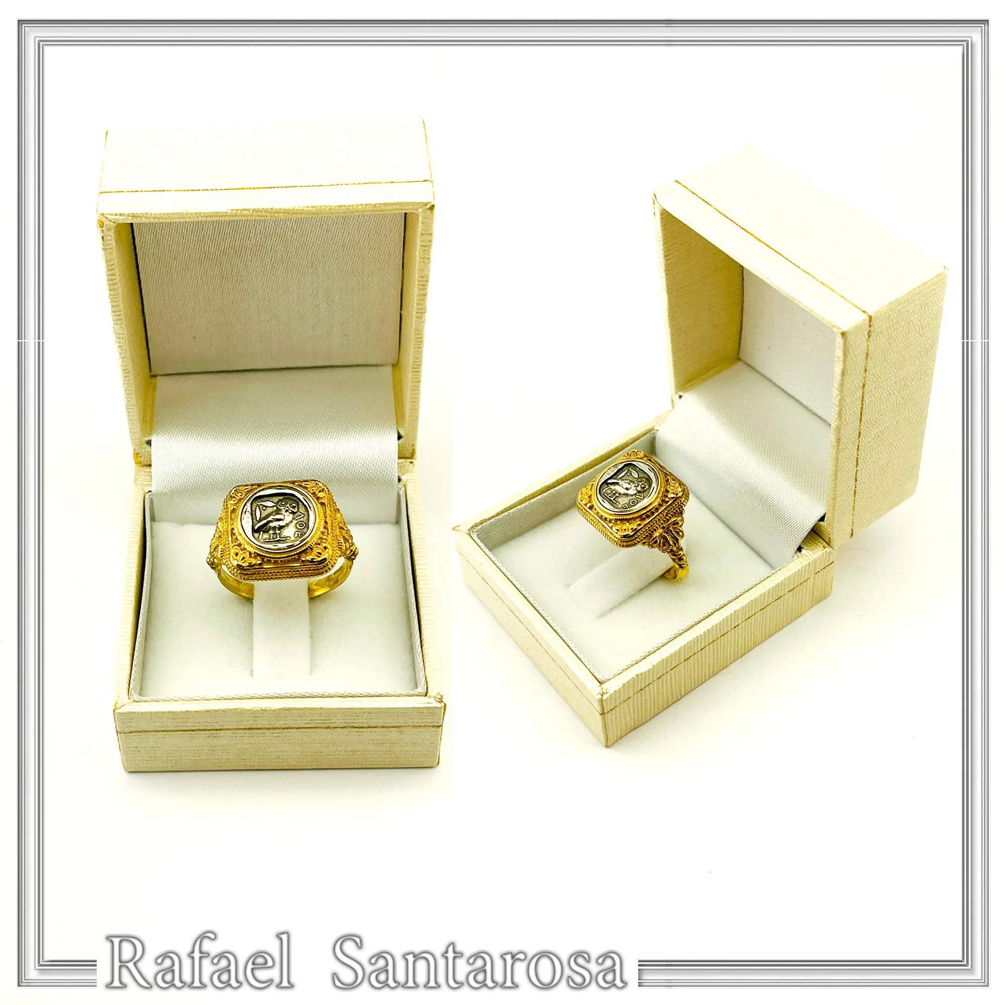 Tetradrachm Owl Coin Filigree Ring: Oxidized Silver Coin on 18K Gold Filled, Museum Replicas — additional product image 9 from Rafael Santarosa Fine Jewelry