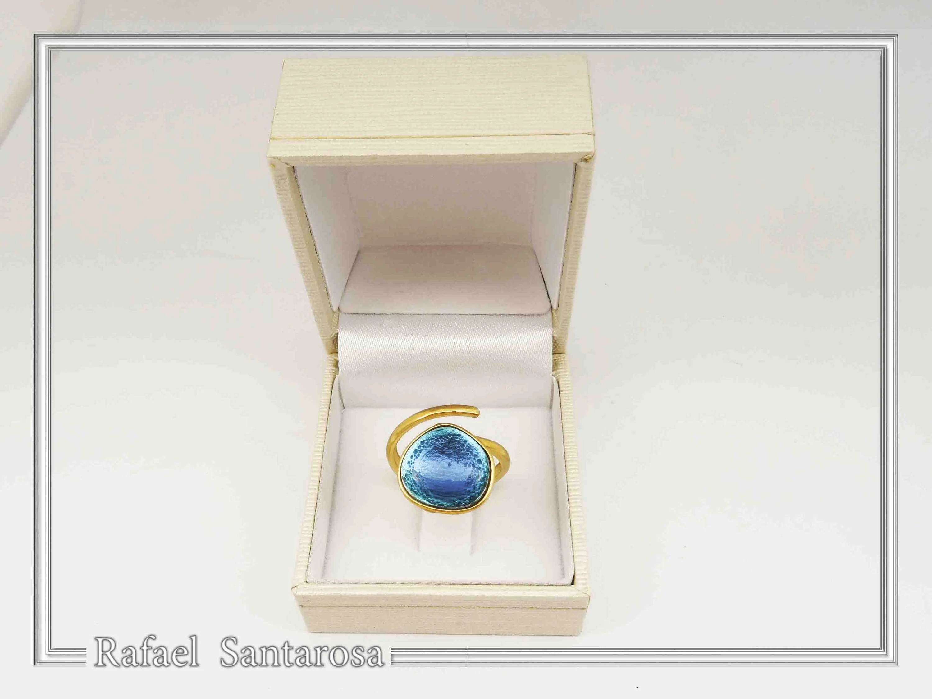 Sea Blue Transparent Enamel Adjustable Ring: Sea Rock Design Sterling Silver 18K Gold Filled — additional product image 10 from Rafael Santarosa Fine Jewelry