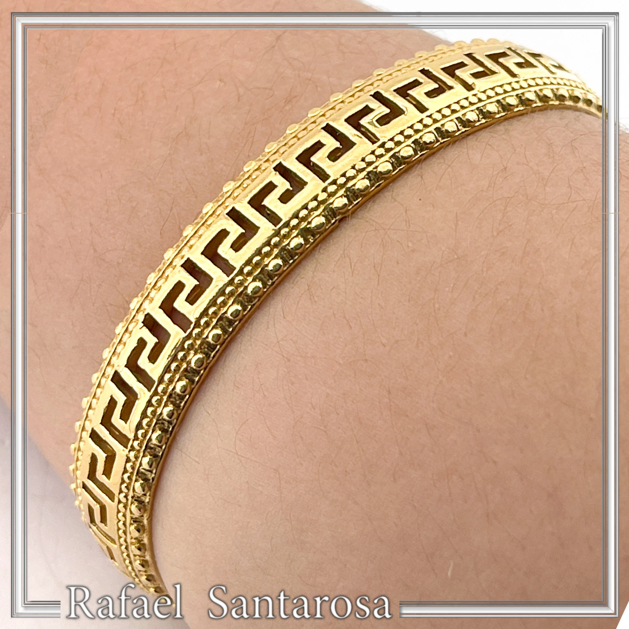 Greek Key Meander Design Adjustable Cuff Bracelet: Sterling Silver 18K Gold Filled