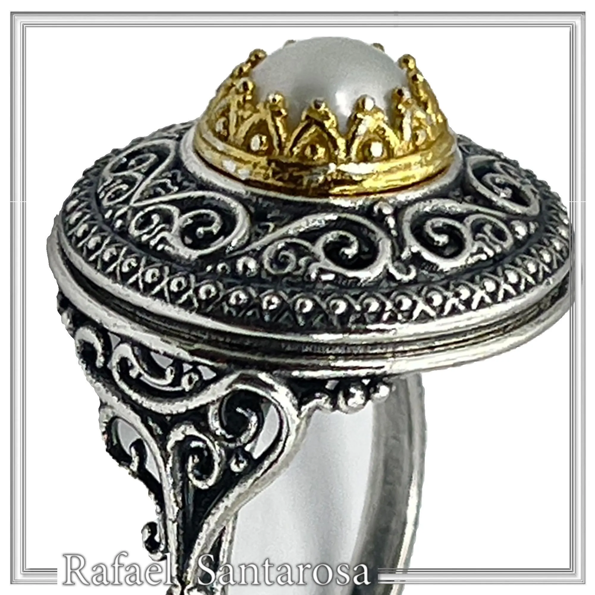 Oxidised sterling silver ring with 18k gold filled bezel and natural pearl center stone. — additional product image 9 from Rafael Santarosa Fine Jewelry