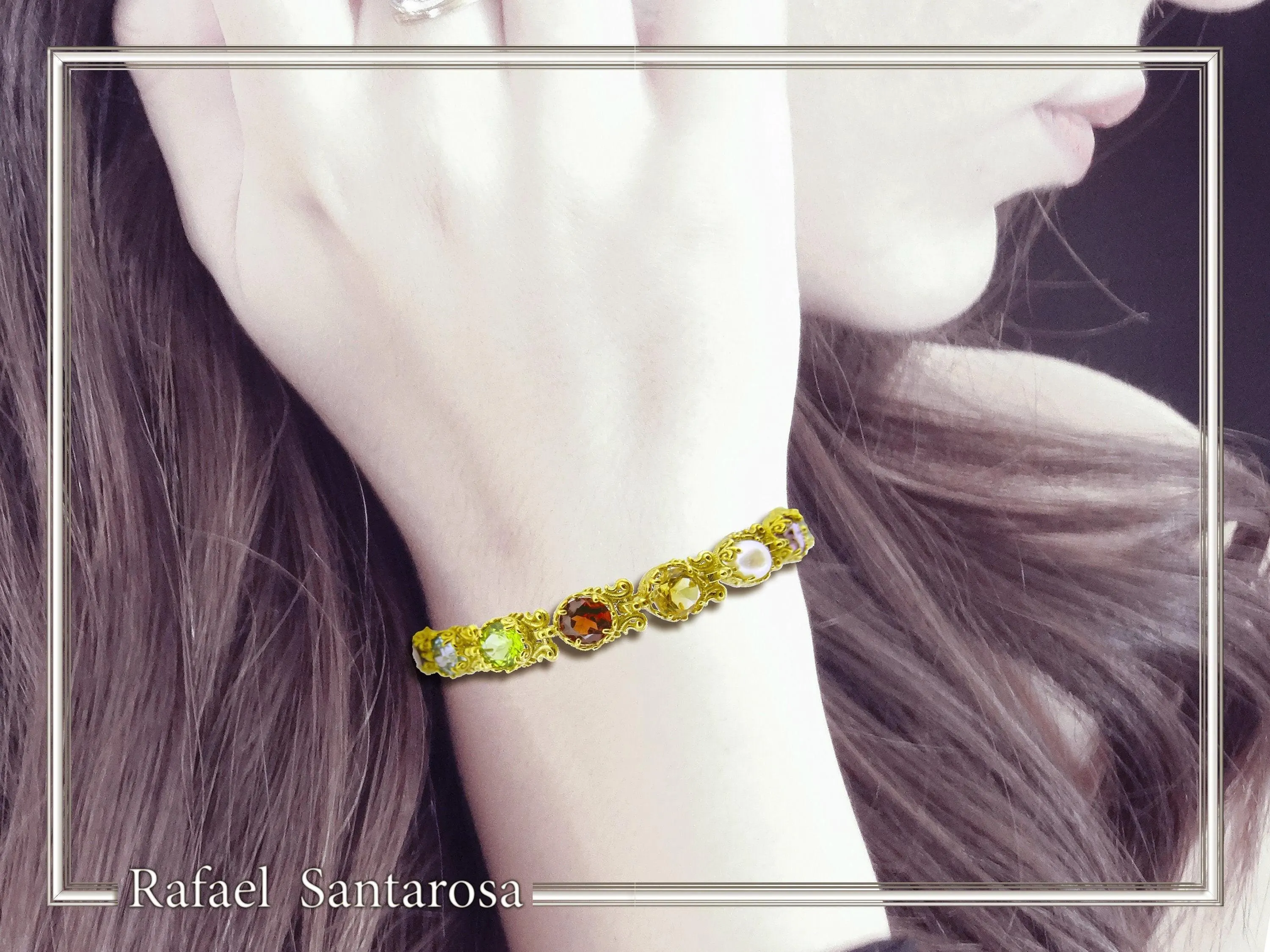 Natural Gemstone Multi stone Tennis Bracelet: Sterling Silver 18K Gold Filled Byzantine ornaments — additional product image 3 from Rafael Santarosa Fine Jewelry