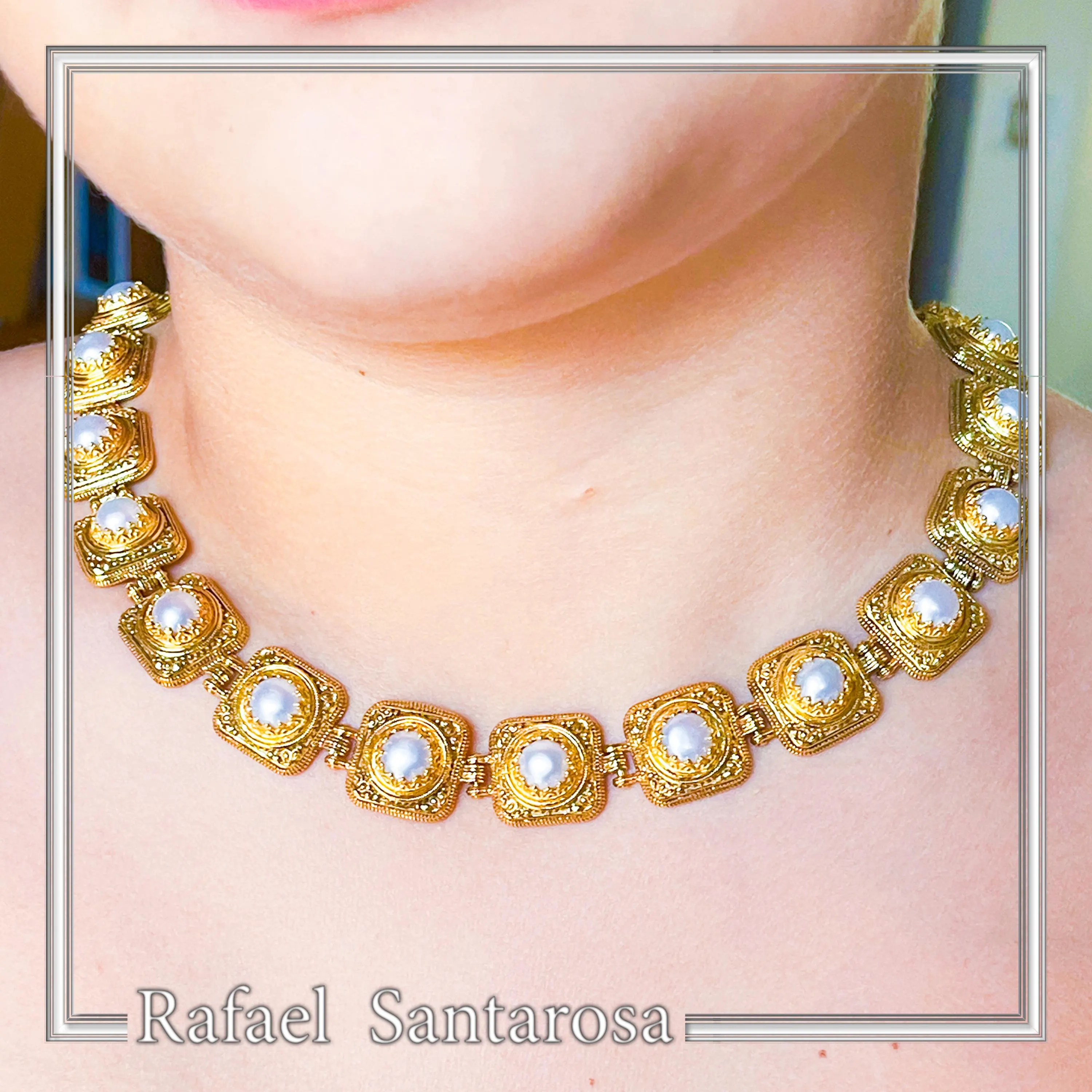 Filigree Genuine Pearl Beaded Necklace for Ladies: 18K Gold-Filled Sterling Silver Ancient Greek Style — additional product image 2 from Rafael Santarosa Fine Jewelry