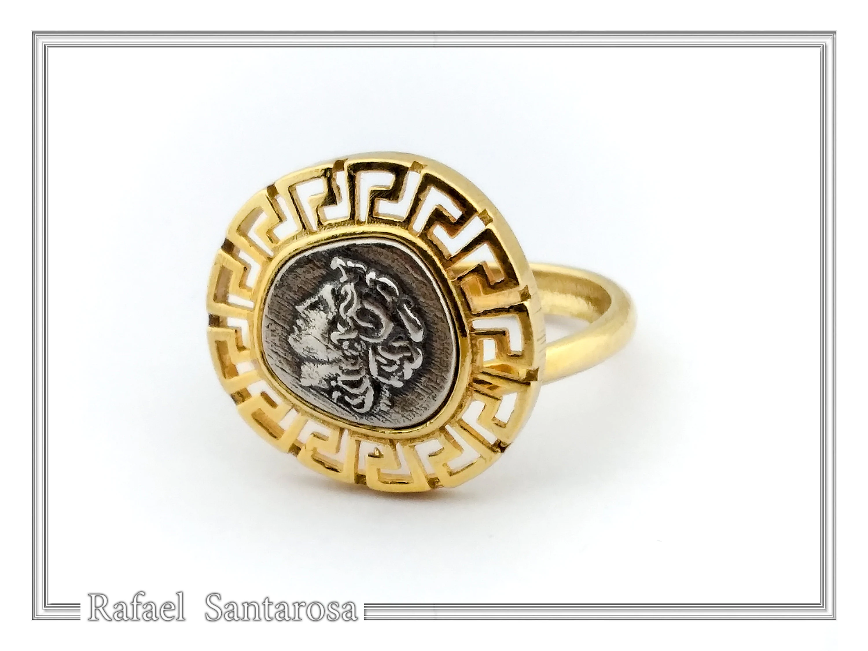 Alexander the Greek coin adjustable ring oxidized, and 18K gold filled sterling silver Greek Key — additional product image 5 from Rafael Santarosa Fine Jewelry