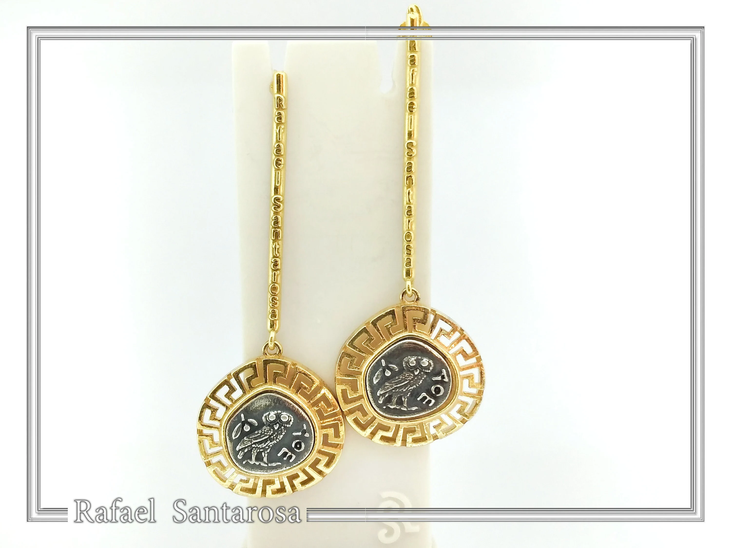 Athena Owl Tetradrachm Greek Coin Dangle Drop Earrings: Museum Replicas Oxidized & Gold-Filled Silver — additional product image 6 from Rafael Santarosa Fine Jewelry