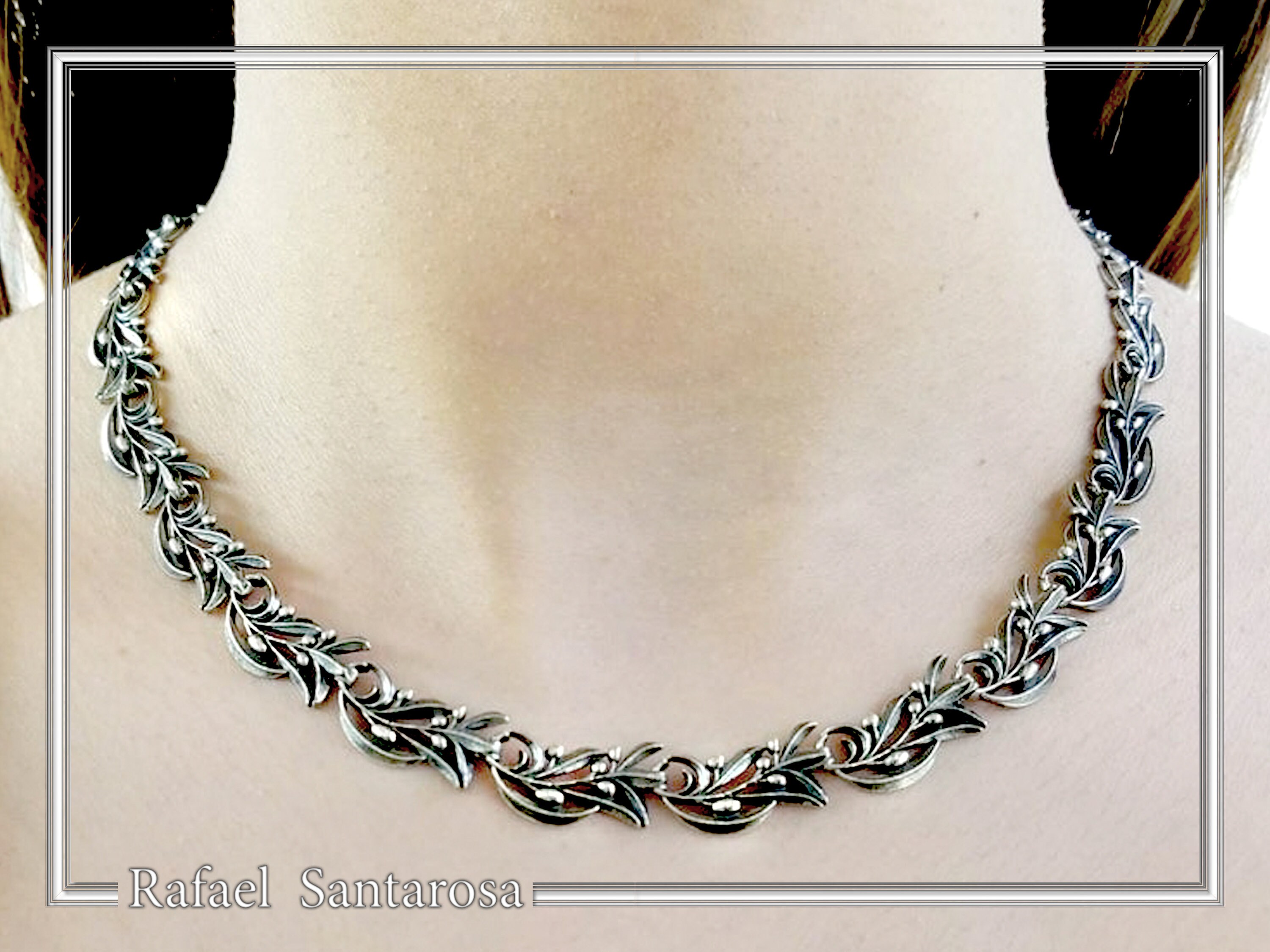 Olive Leaf Branch Beaded Floral Necklace Ancient Greek Symbol of Peace & Victory: Oxidized Silver — additional product image 5 from Rafael Santarosa Fine Jewelry