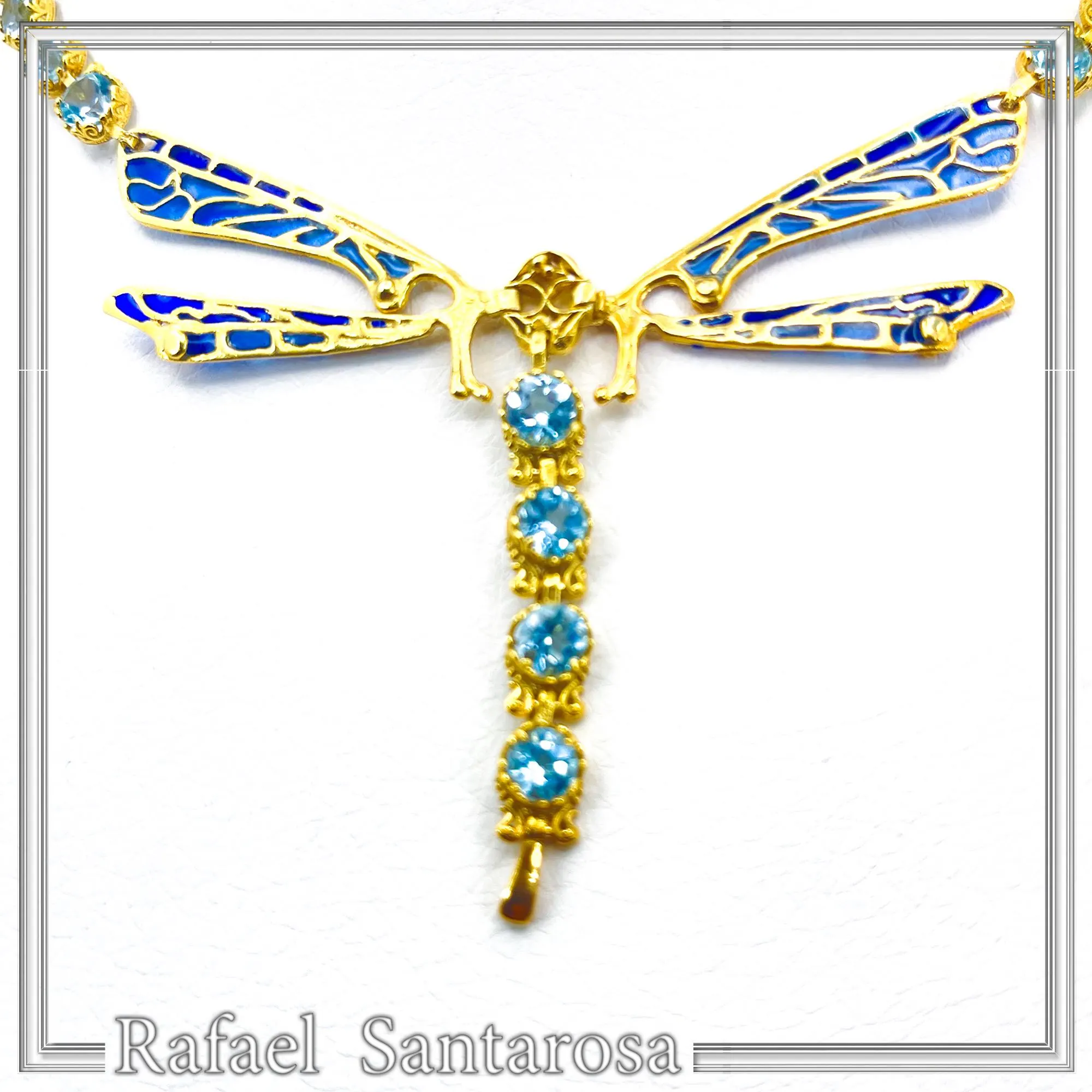 Art Nouveau Dragonfly Necklace Sterling Silver Gold Filled Blue Enamel Sky Blue Topaz — additional product image 10 from Rafael Santarosa Fine Jewelry