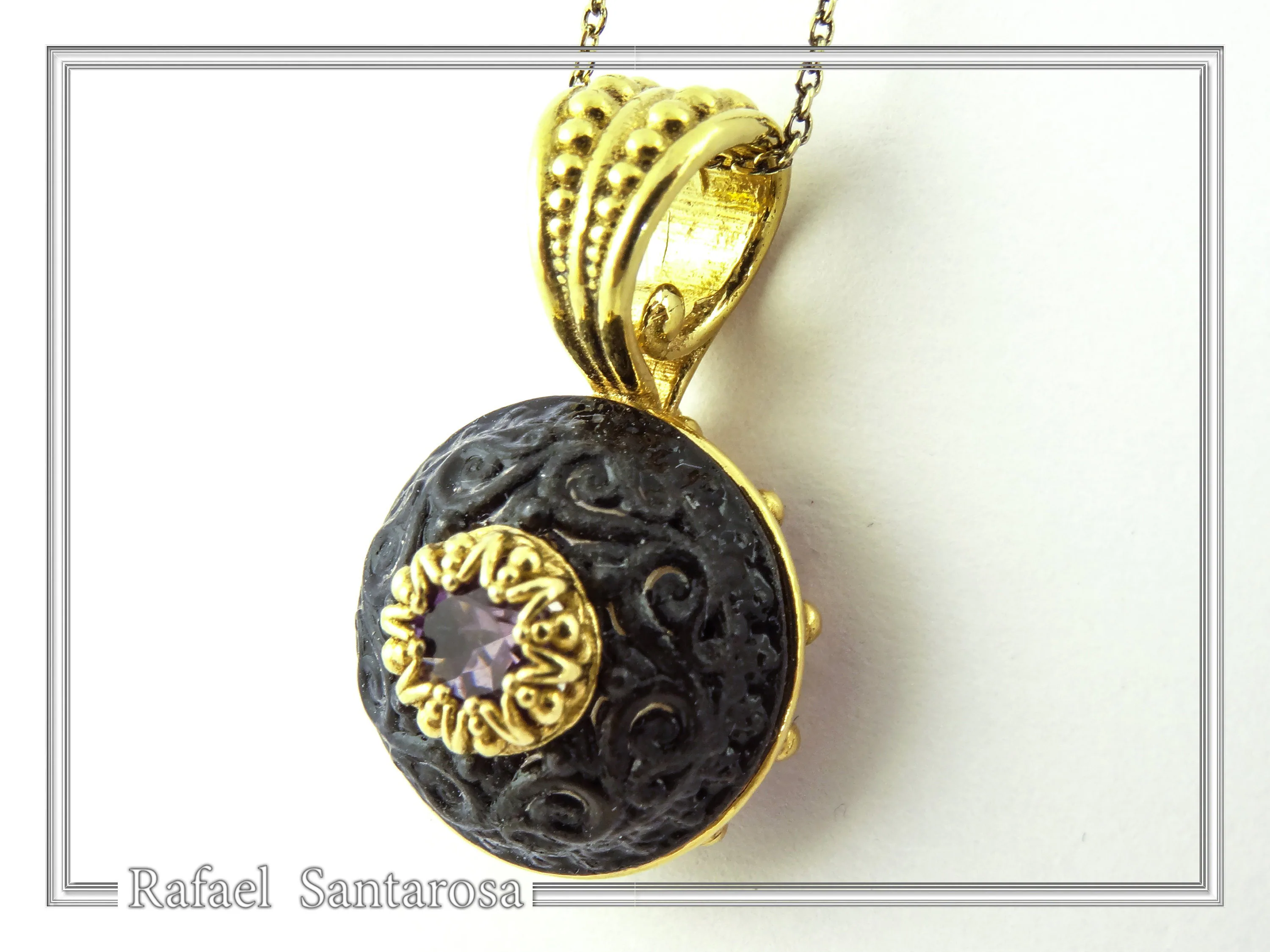 Art Deco Natural Amethyst Pendant: Oxidized and 18K Gold Filled Sterling Silver — additional product image 2 from Rafael Santarosa Fine Jewelry