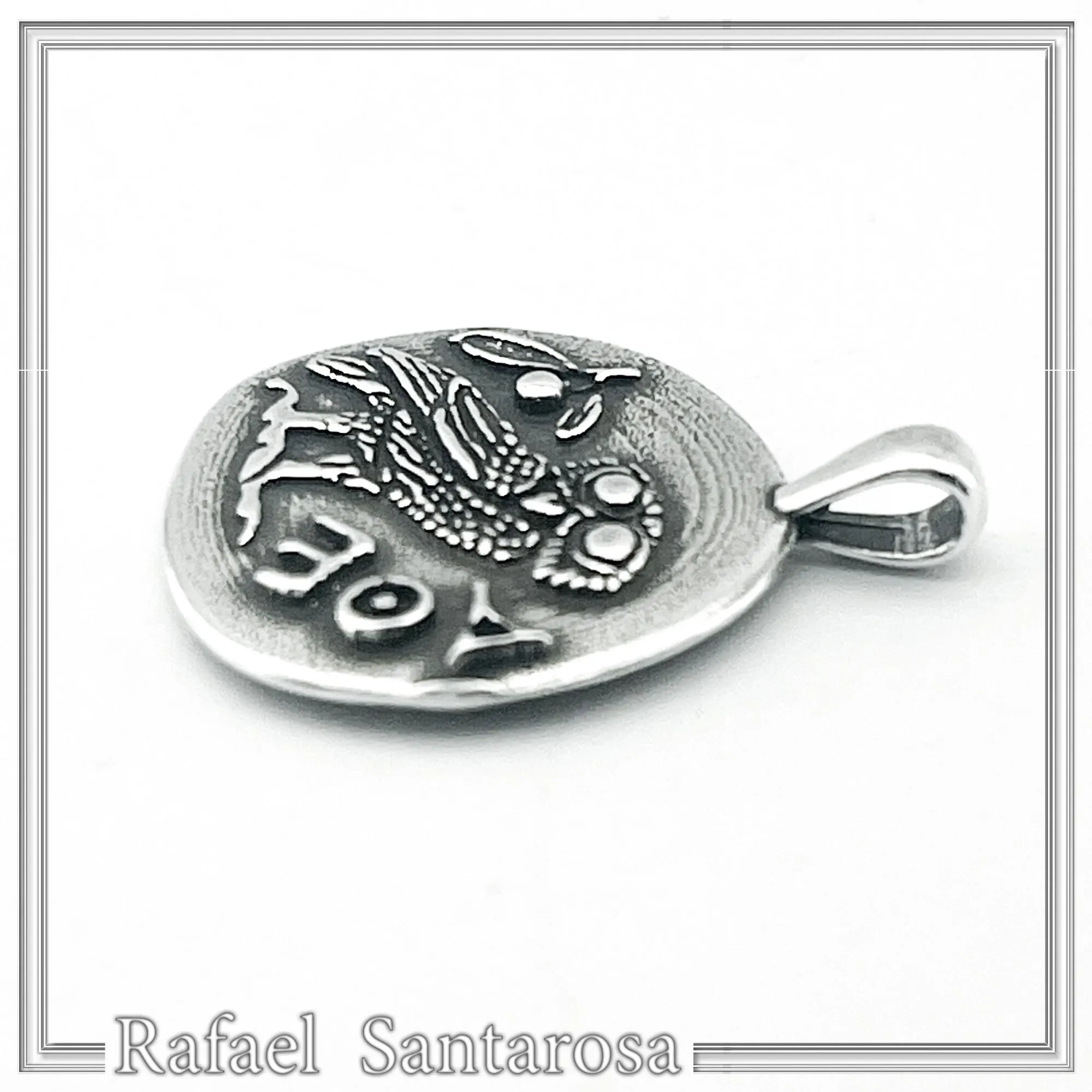 Greek Owl Coin Tetradrachm museum Replica Pendant: Oxidized Sterling Silver — additional product image 6 from Rafael Santarosa Fine Jewelry