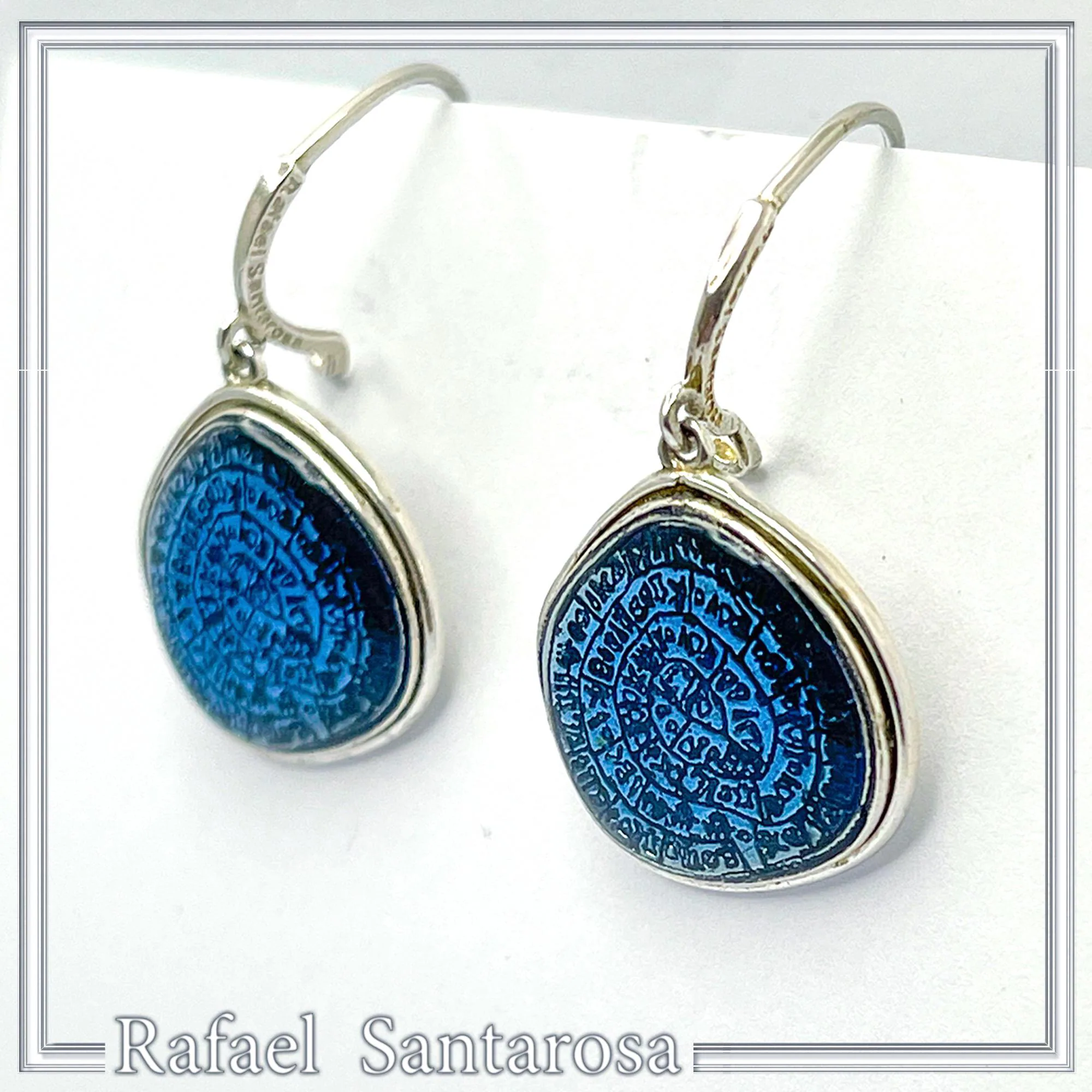 Ancient Minoan Calendar Replica Phaistos Disc Earrings: Oxidized Sterling Silver Sky Blue Transparent Enamel — additional product image 7 from Rafael Santarosa Fine Jewelry