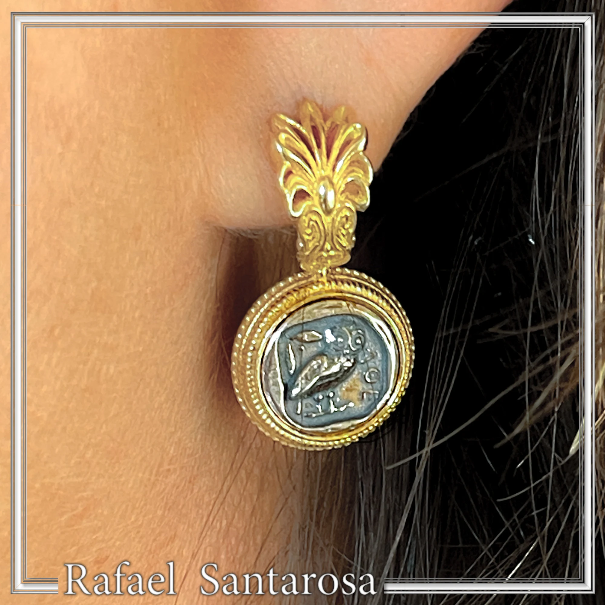 Athena Owl Coin Tetradrachm Antefix Earrings: Oxidised & 18K Gold-Filled Sterling Silver, Museum Replica — additional product image 3 from Rafael Santarosa Fine Jewelry