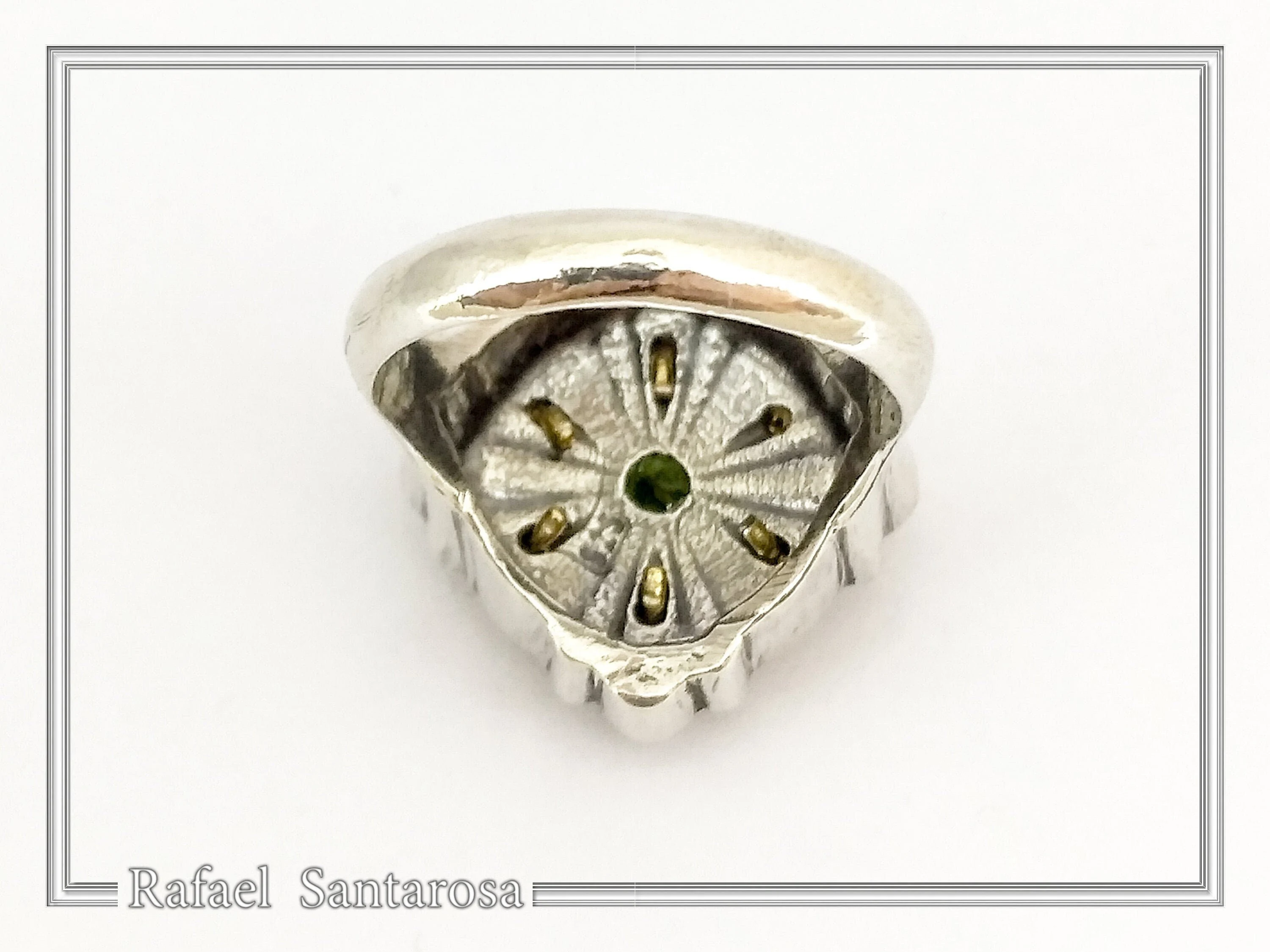 Natural Peridot Byzantine Ring: Oxidised and Gold-Filled Filigree Sterling Silver Statement Ring — additional product image 8 from Rafael Santarosa Fine Jewelry
