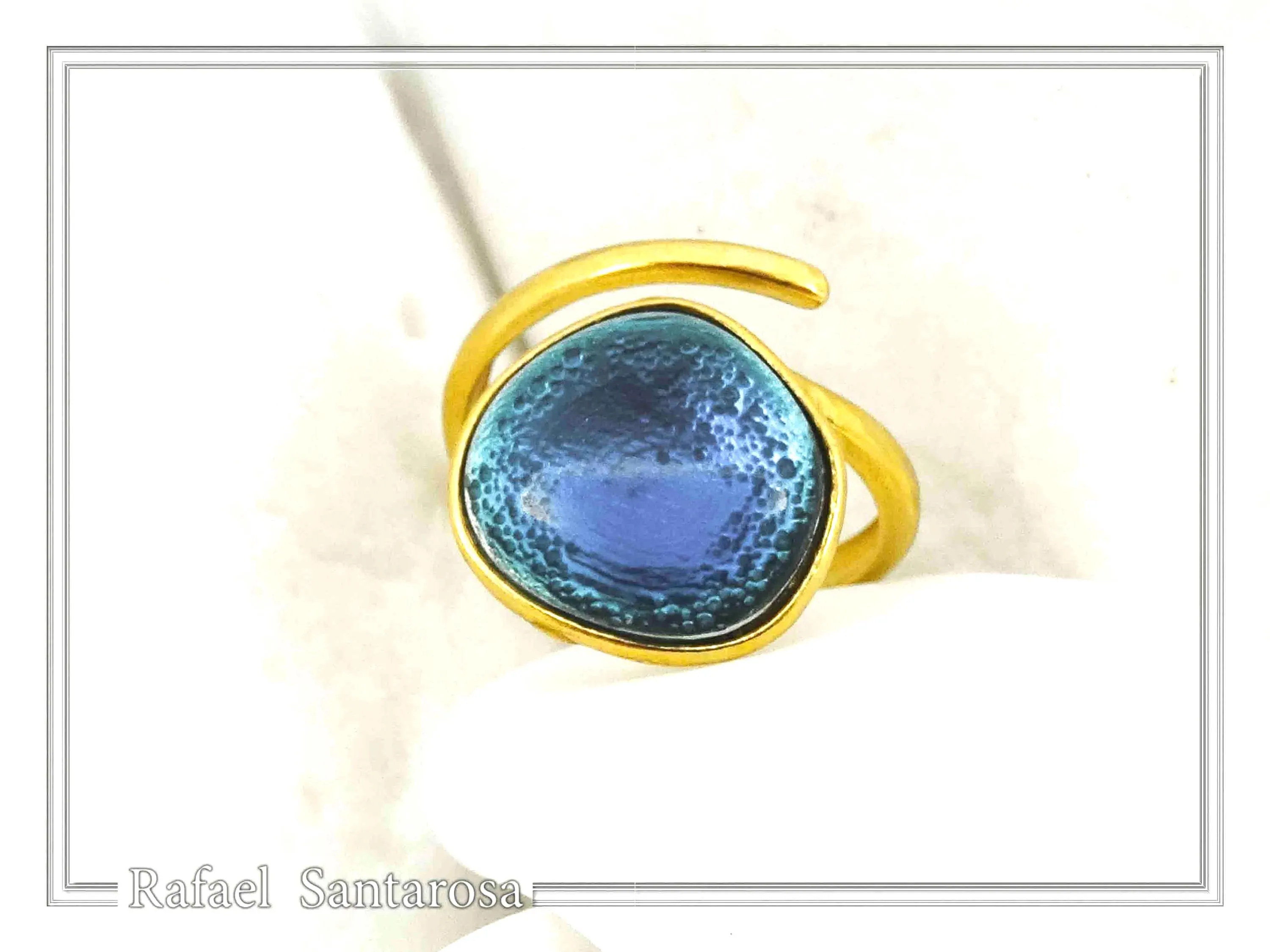 Sea Blue Transparent Enamel Adjustable Ring: Sea Rock Design Sterling Silver 18K Gold Filled — additional product image 6 from Rafael Santarosa Fine Jewelry