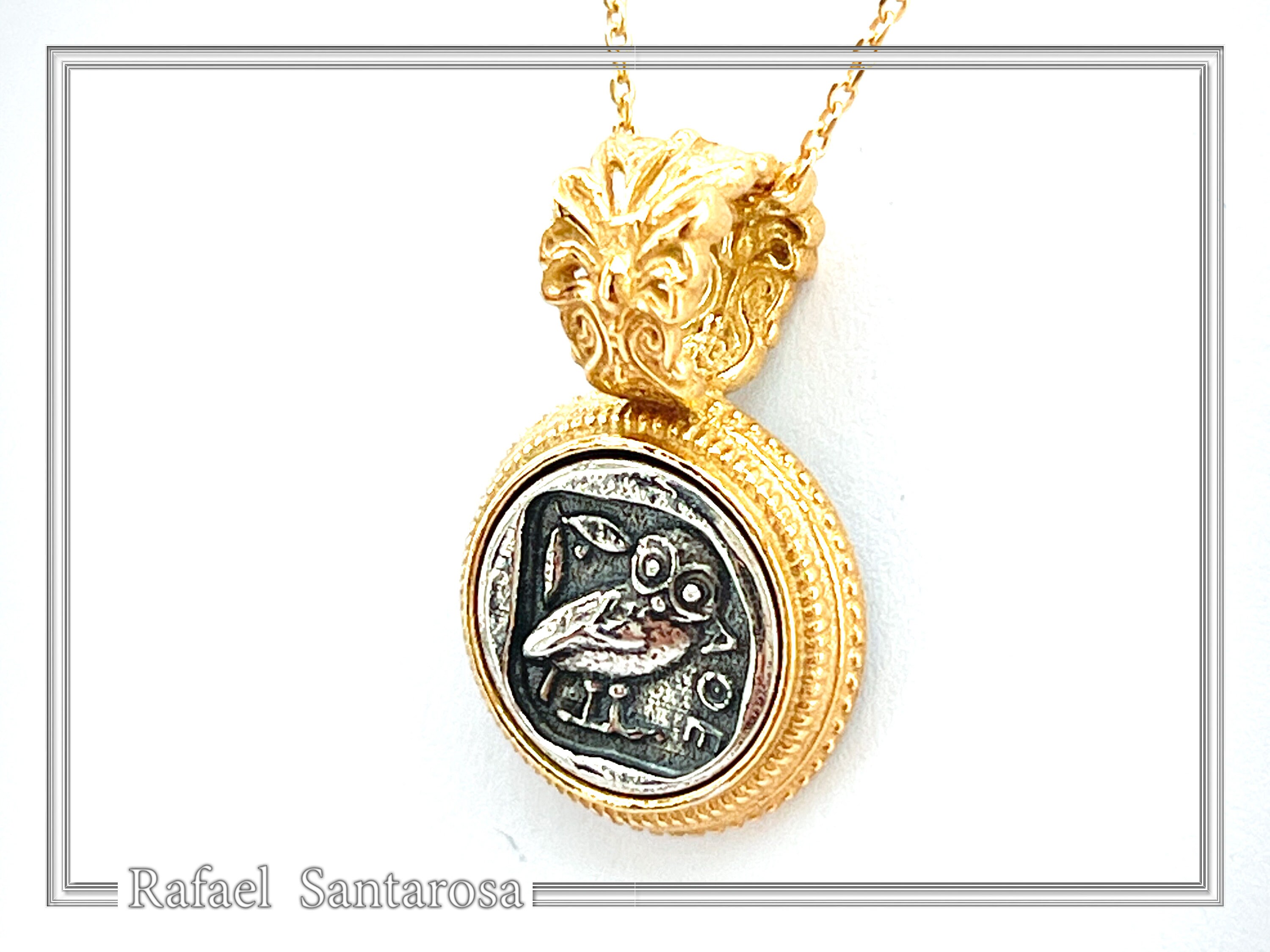 Athena Owl Tetradrachm Coin Antefix Pendant: Sterling Silver oxidised on 18K Gold-Filled Filigree Base — additional product image 6 from Rafael Santarosa Fine Jewelry