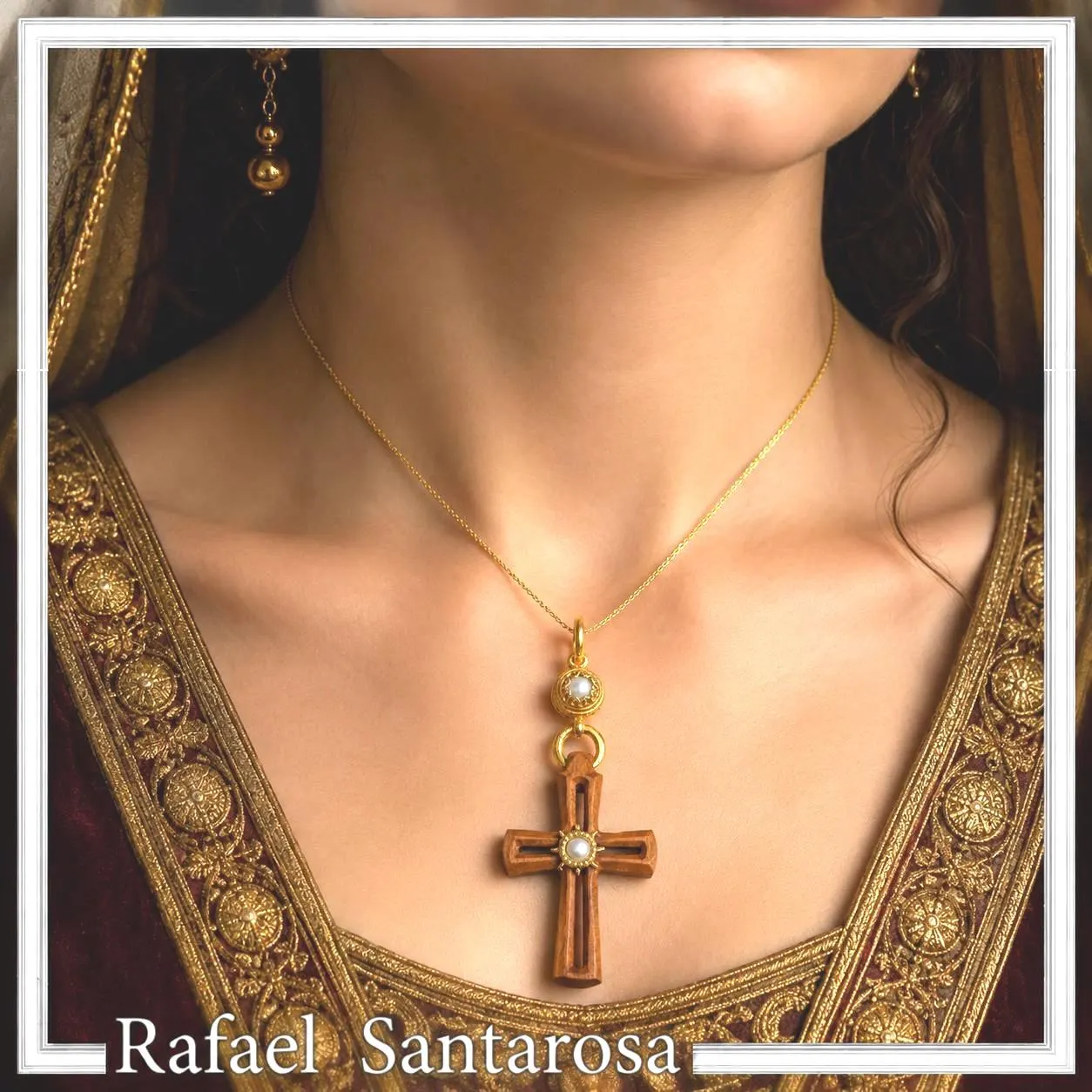 Byzantine Cross Pendant Sterling Silver Gold Filled Mahogany Wood Freshwater Pearl Necklace — additional product image 5 from Rafael Santarosa Fine Jewelry