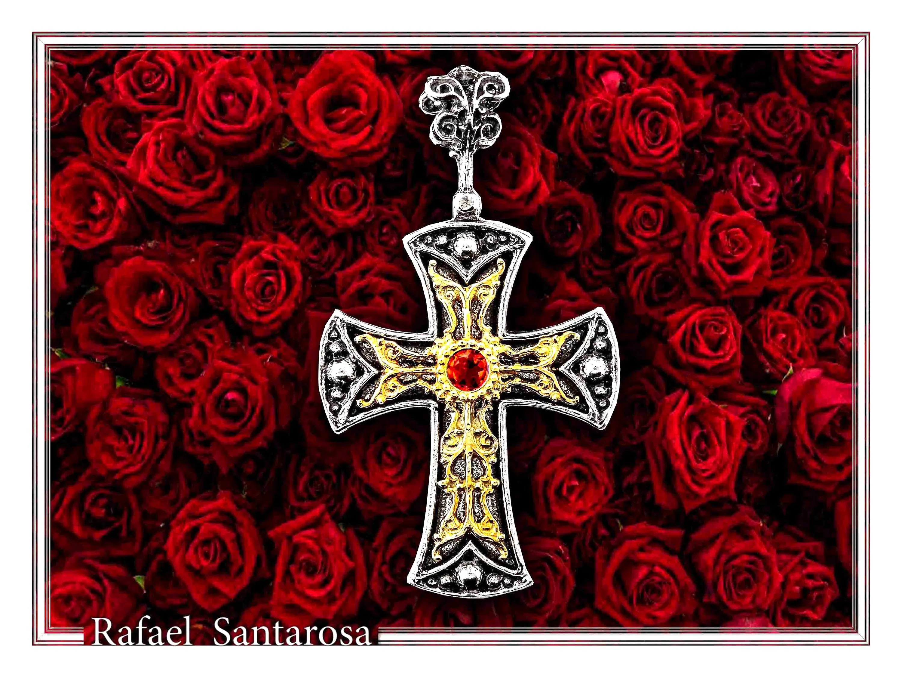 Byzantine Religious Christian Cross Necklace: Natural Garnet, Oxidized & 18K Gold filled Sterling Silver — additional product image 2 from Rafael Santarosa Fine Jewelry