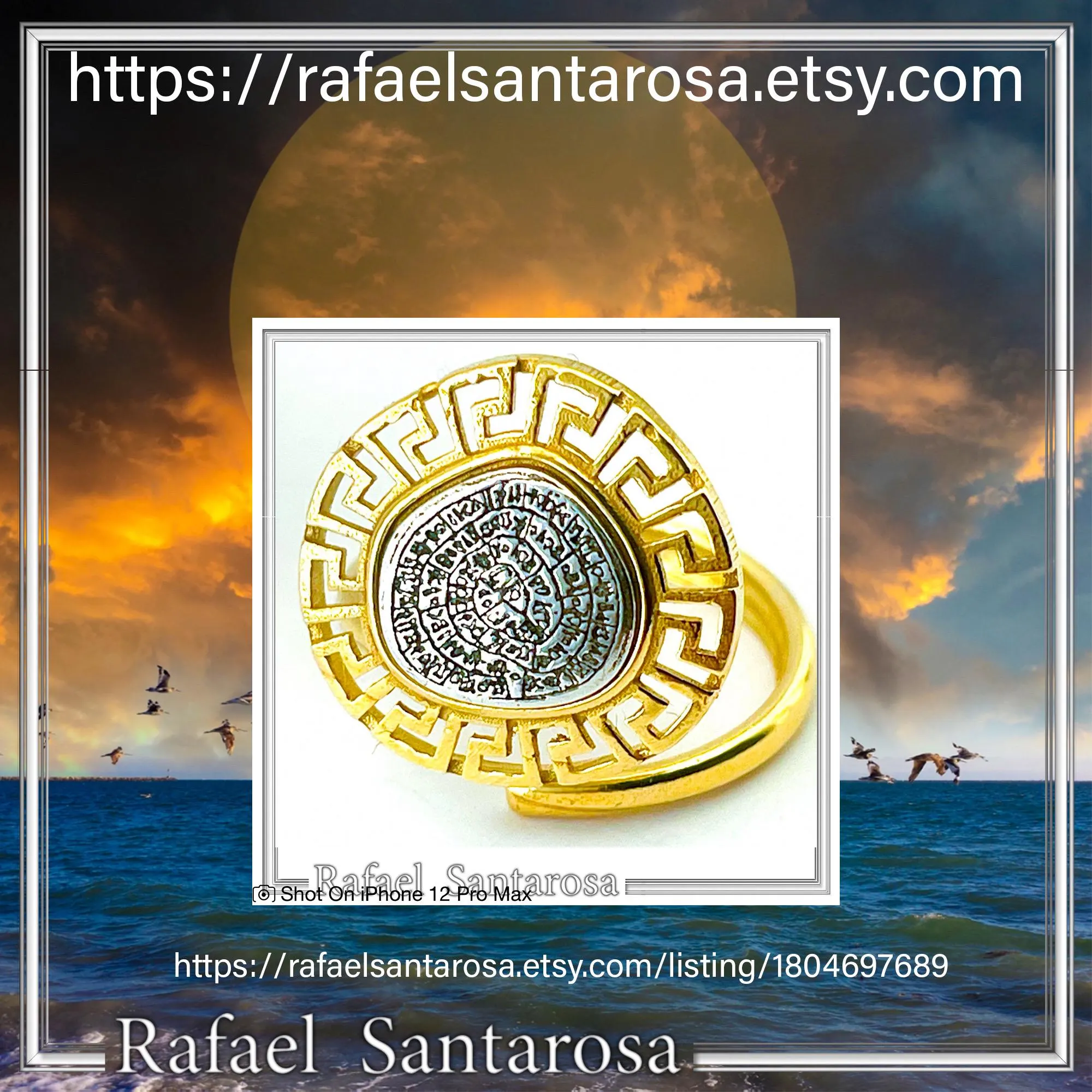 Greek Calendar Phaistos Disc on Greek Key Ring: Oxidized Sterling Silver, 18K Gold Filled — additional product image 10 from Rafael Santarosa Fine Jewelry