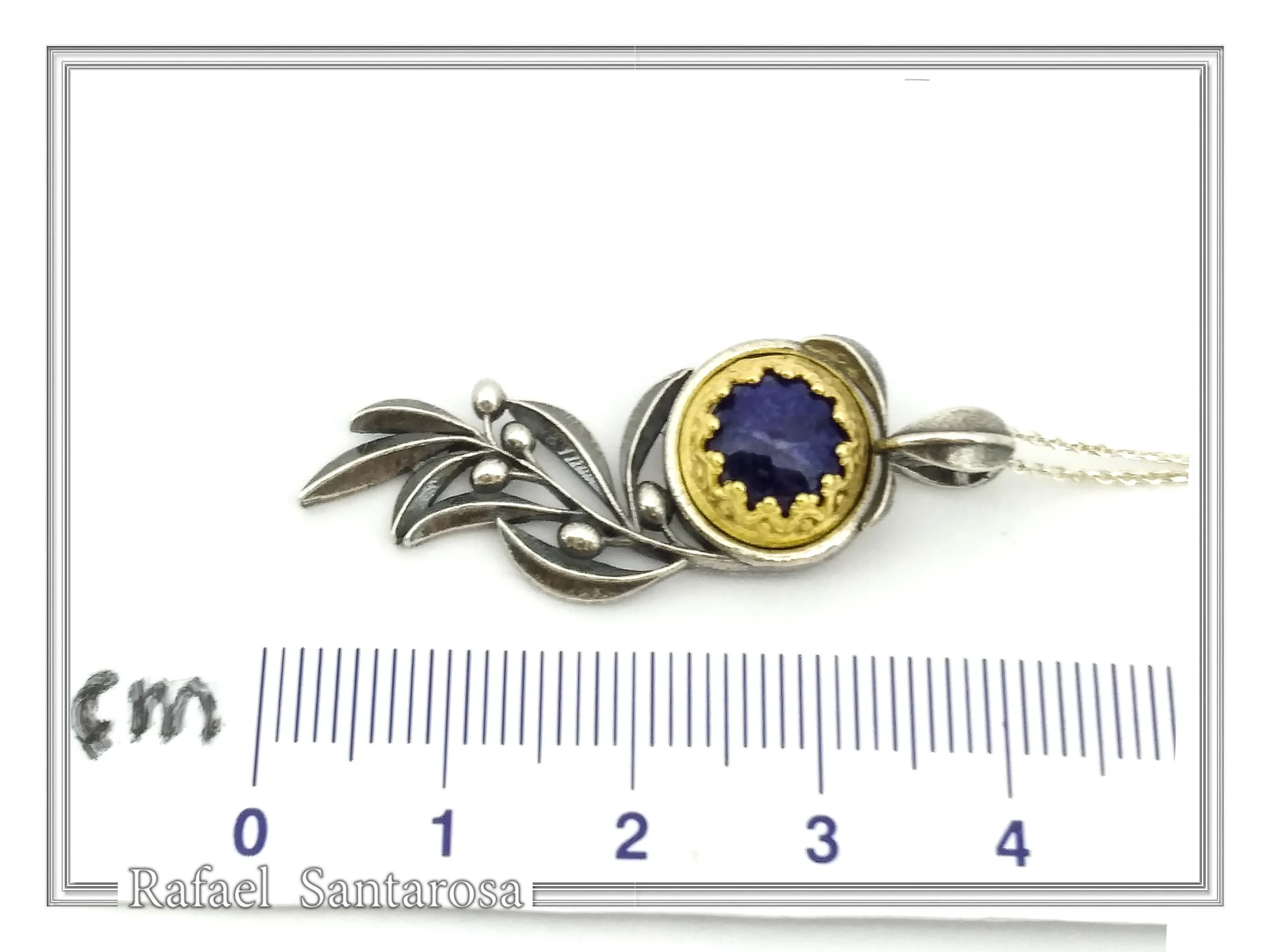 Natural Lapis Olive Leaf Pendant Floral Necklace: Oxidized Sterling Silver 18K Gold Filled Bezel — additional product image 9 from Rafael Santarosa Fine Jewelry