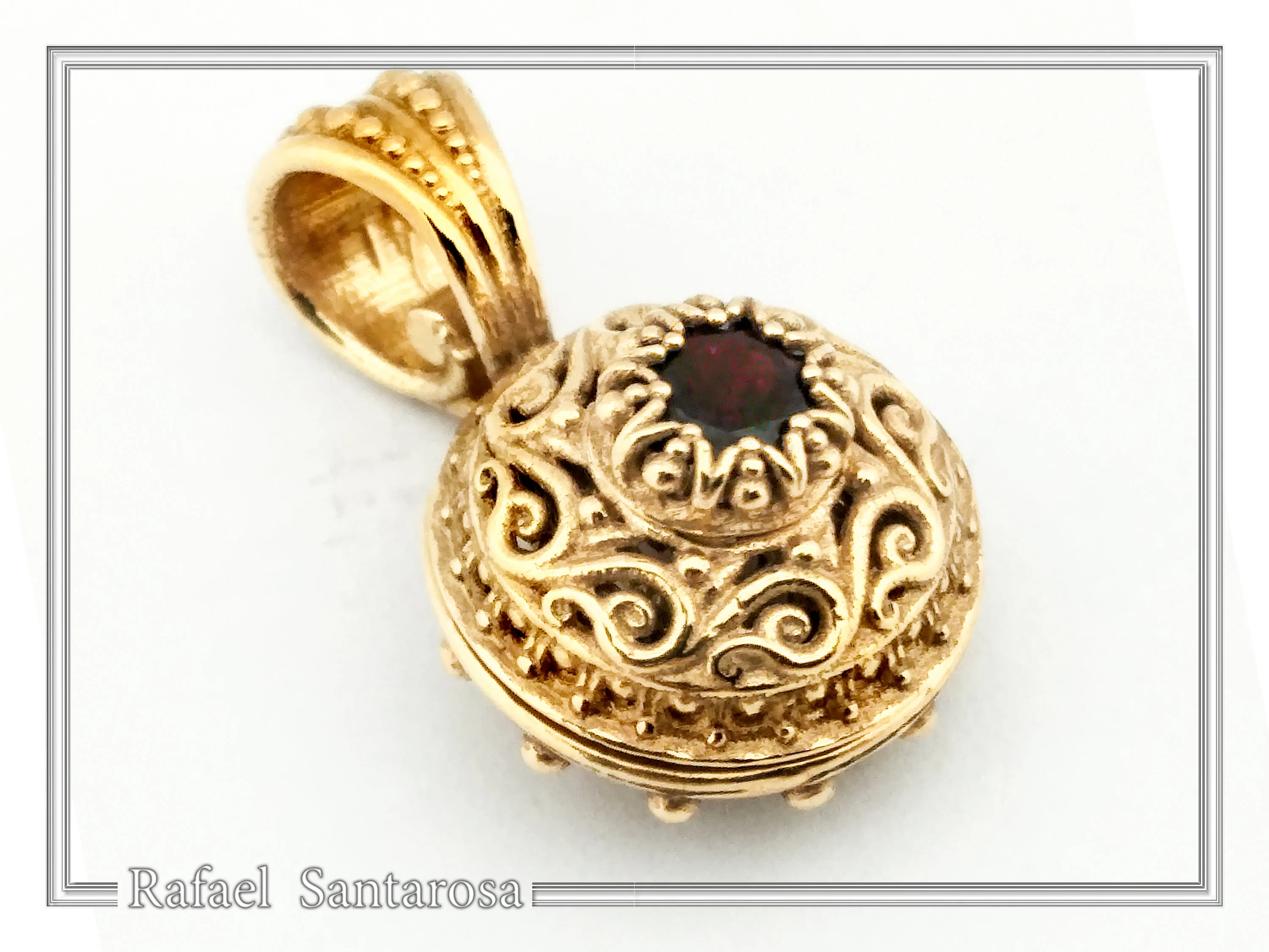 18K Solid Gold Natural Gemstone Byzantine Pendant: Handmade Filigree Necklace, Garnet, Topaz, peridot, Amethyst — additional product image 2 from Rafael Santarosa Fine Jewelry