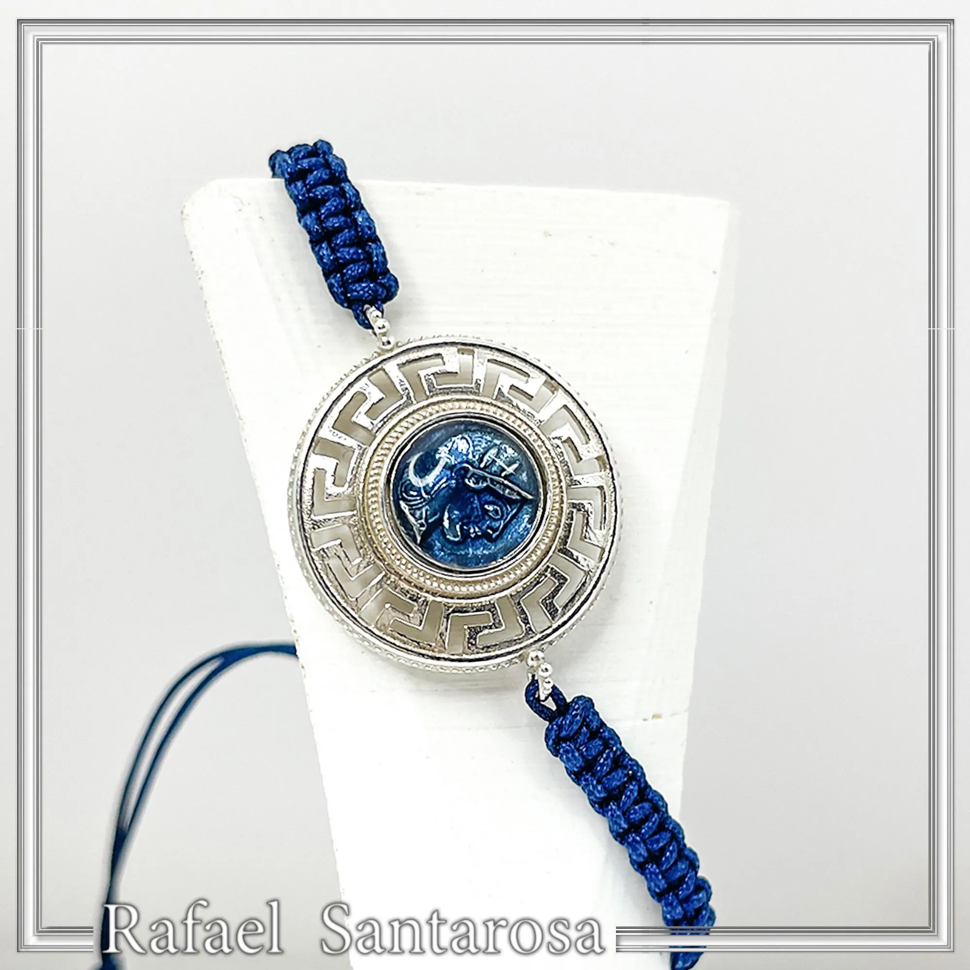 Sterling Silver Athena Promachos Bracelet Greek Key Tetradrachm Sky Blue Enamel Macrame Cord Viscose — additional product image 9 from Rafael Santarosa Fine Jewelry