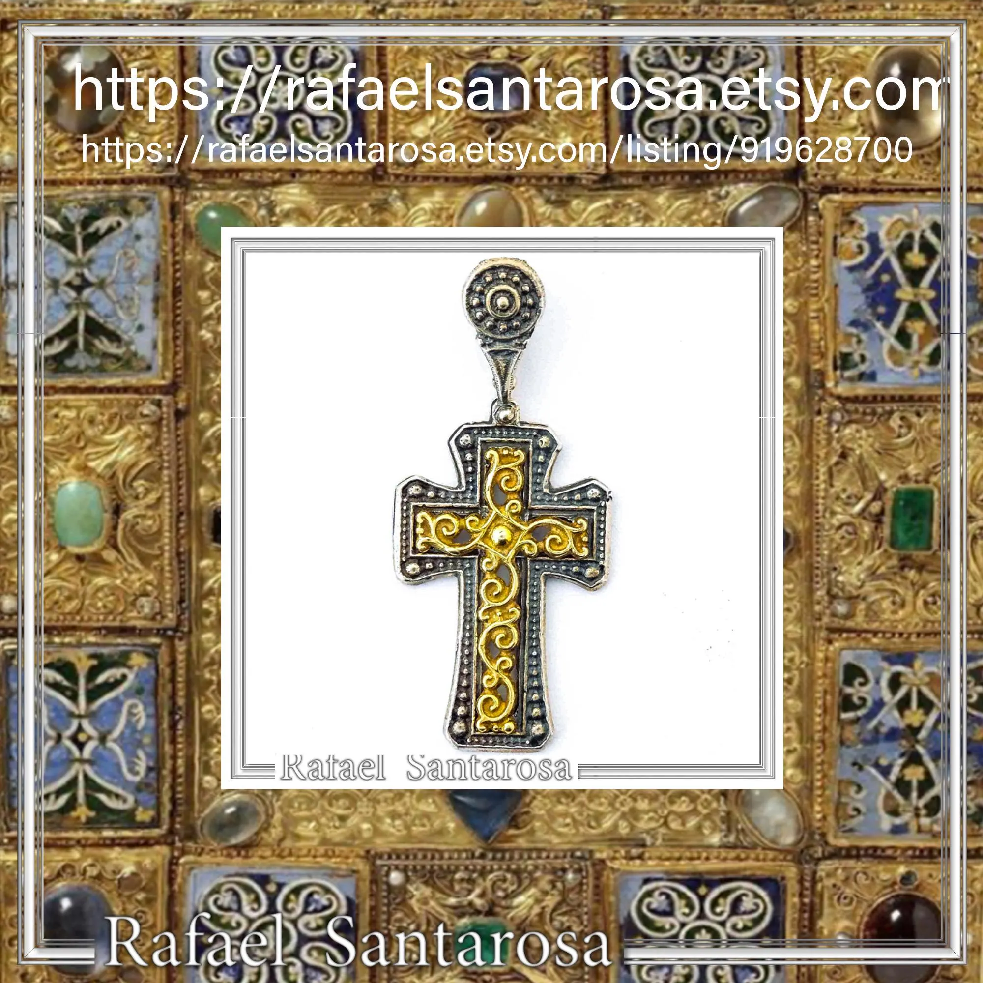 Byzantine Cross Necklace: 18k Gold Filled Filigree Silver Decoration on Oxidized Sterling Silver base — additional product image 10 from Rafael Santarosa Fine Jewelry