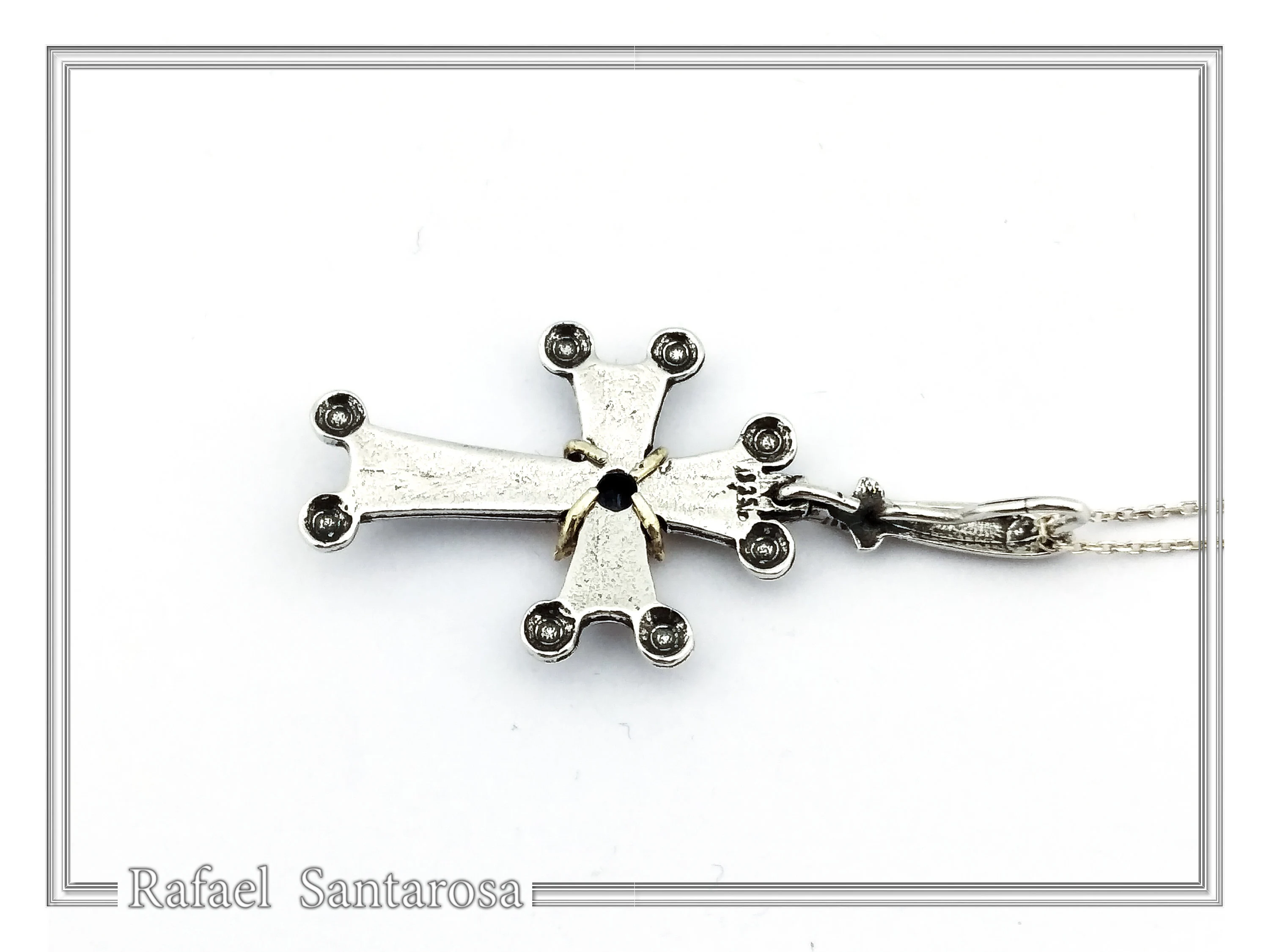Byzantine Silver Hand engraved Cross with Genuine Amethyst: Oxidized silver, 18K gold Filled Bezel — additional product image 7 from Rafael Santarosa Fine Jewelry