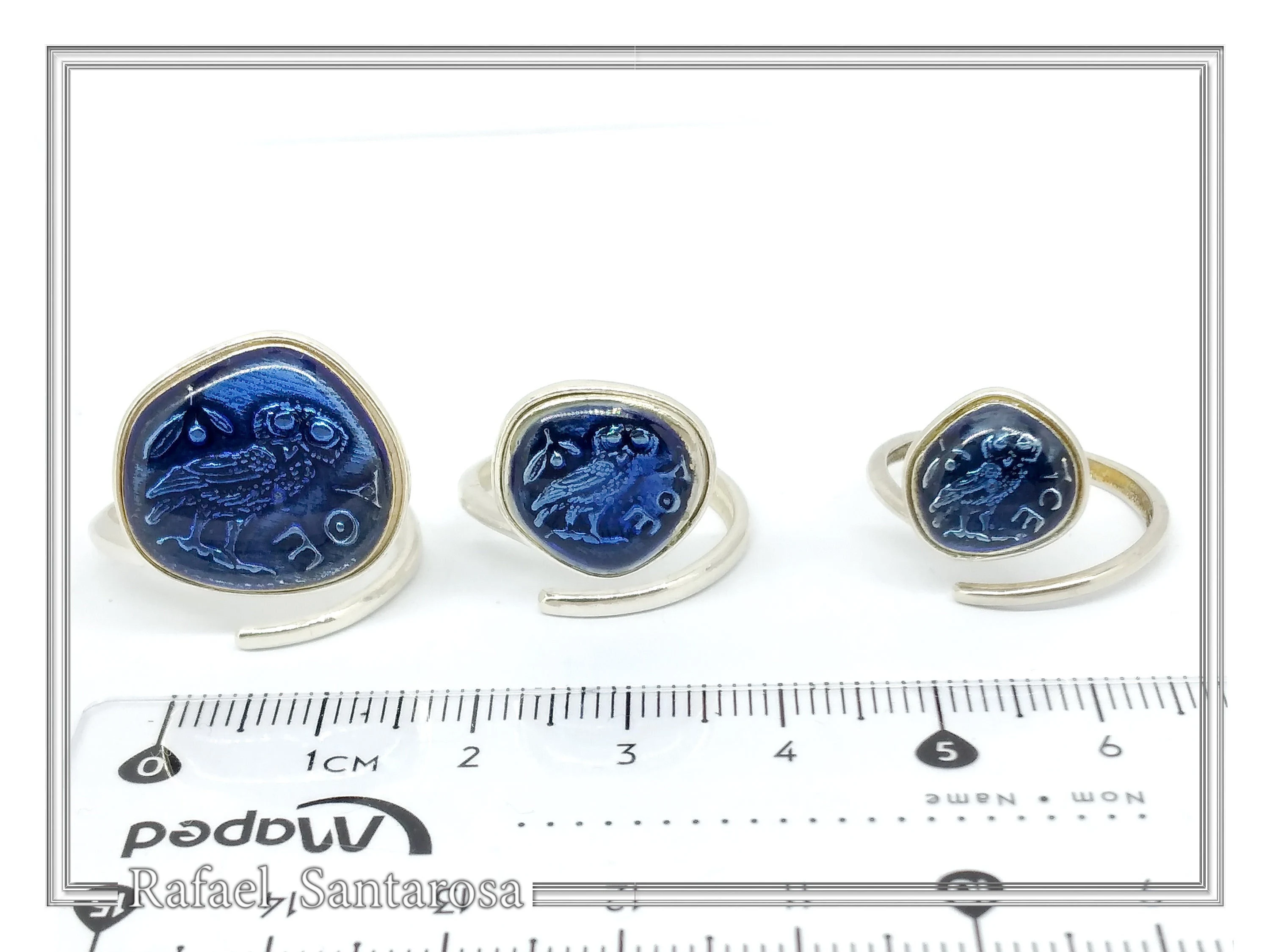 Athena Owl Coin Tetradrachm Ring Museum Replica: Transparent Blue Enamel on Sterling Silver Coin — additional product image 8 from Rafael Santarosa Fine Jewelry