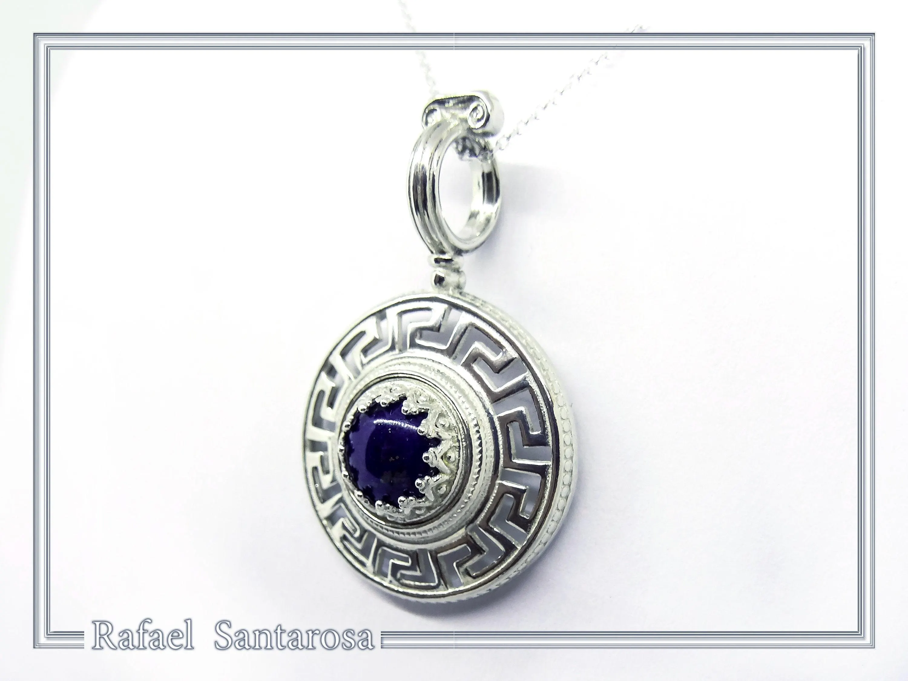 Natural Lapis Lazuli Greek Key Wreath Necklace: Sterling Silver Pendant — additional product image 7 from Rafael Santarosa Fine Jewelry
