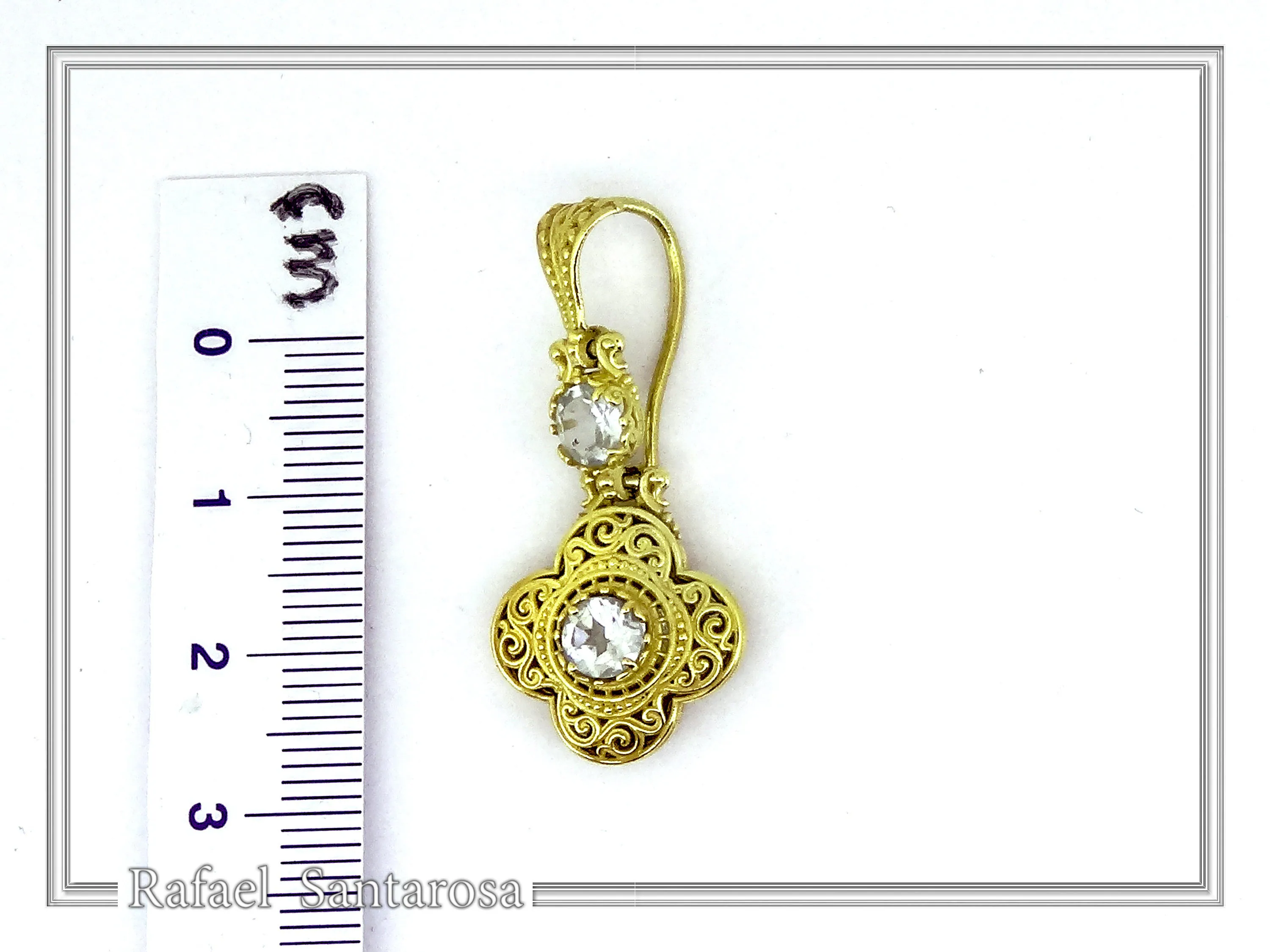 18K Solid Gold Filigree Byzantine Dangle Earrings with Natural Sky-Blue Topaz Brilliant Cut — additional product image 9 from Rafael Santarosa Fine Jewelry