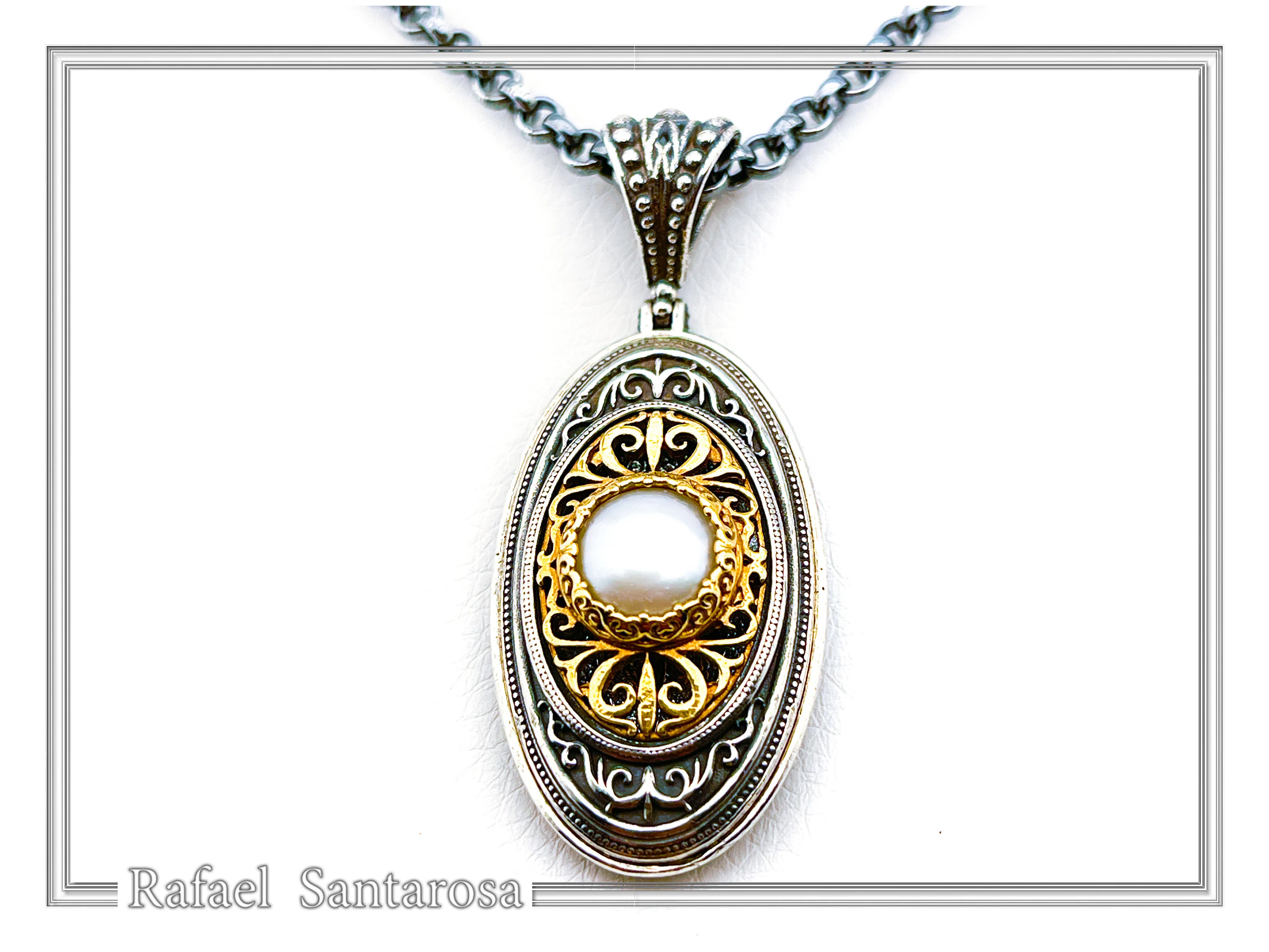 Natural Pearl on Byzantine Ornaments Pendant: Oxidized Sterling Silver and 18 Karat Gold Filled — additional product image 6 from Rafael Santarosa Fine Jewelry