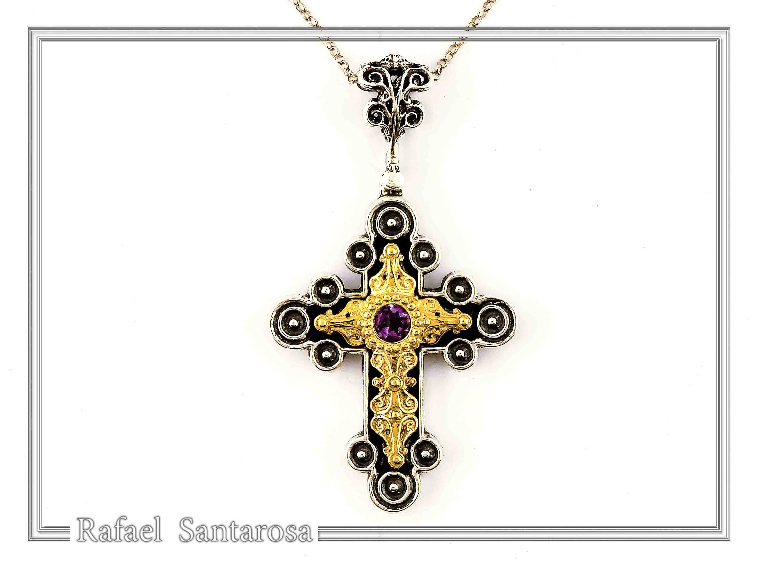 African Genuine Amethyst Byzantine Cross Necklace: Oxidized Sterling Silver & 18K Gold Filled — additional product image 2 from Rafael Santarosa Fine Jewelry