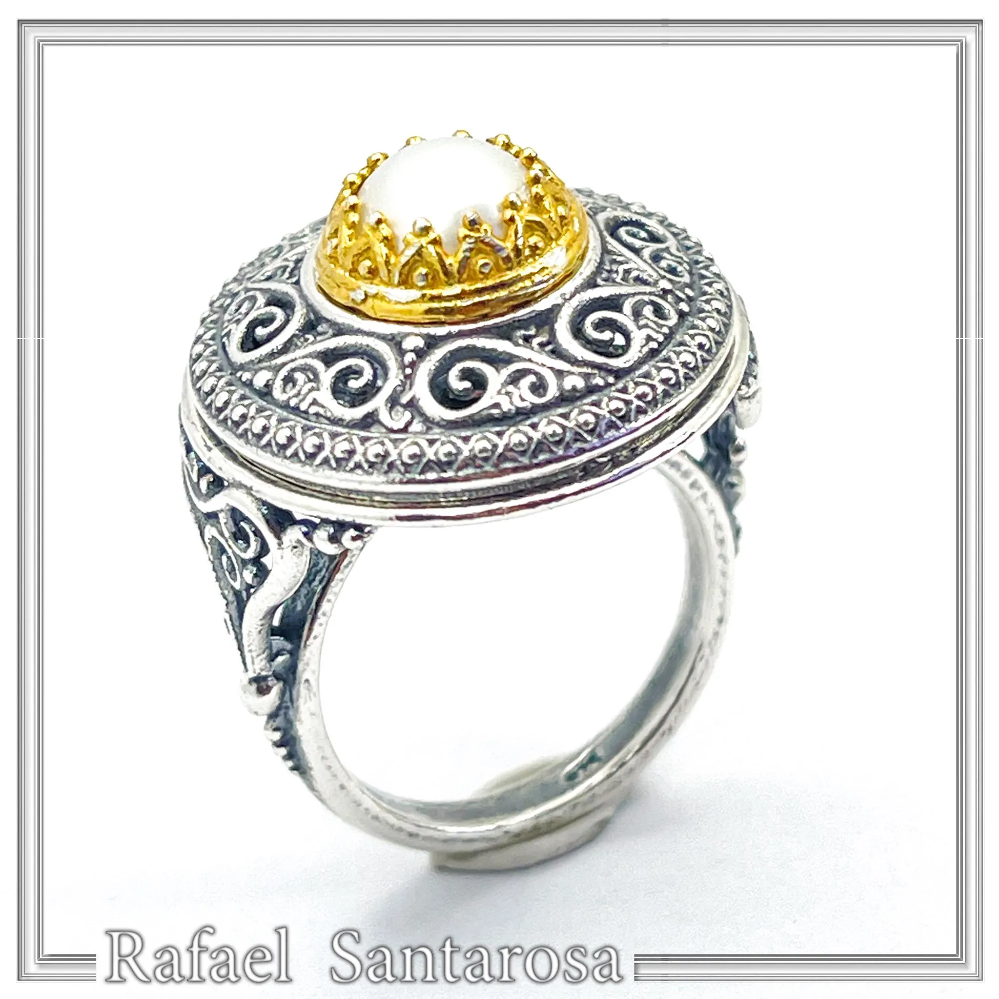 Oxidised sterling silver ring with 18k gold filled bezel and natural pearl center stone. — additional product image 8 from Rafael Santarosa Fine Jewelry