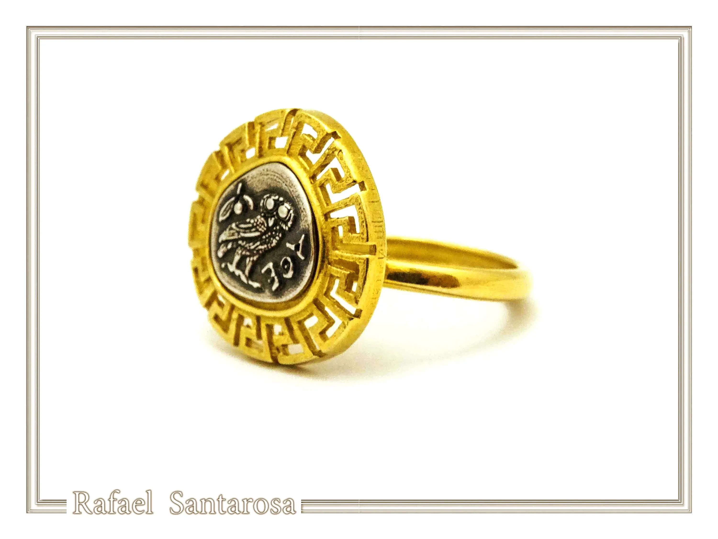 Owl of Athena Goddess Tetradrachm Greek Coin Greek Key Ring: 18K Gold Filled Silver — additional product image 2 from Rafael Santarosa Fine Jewelry