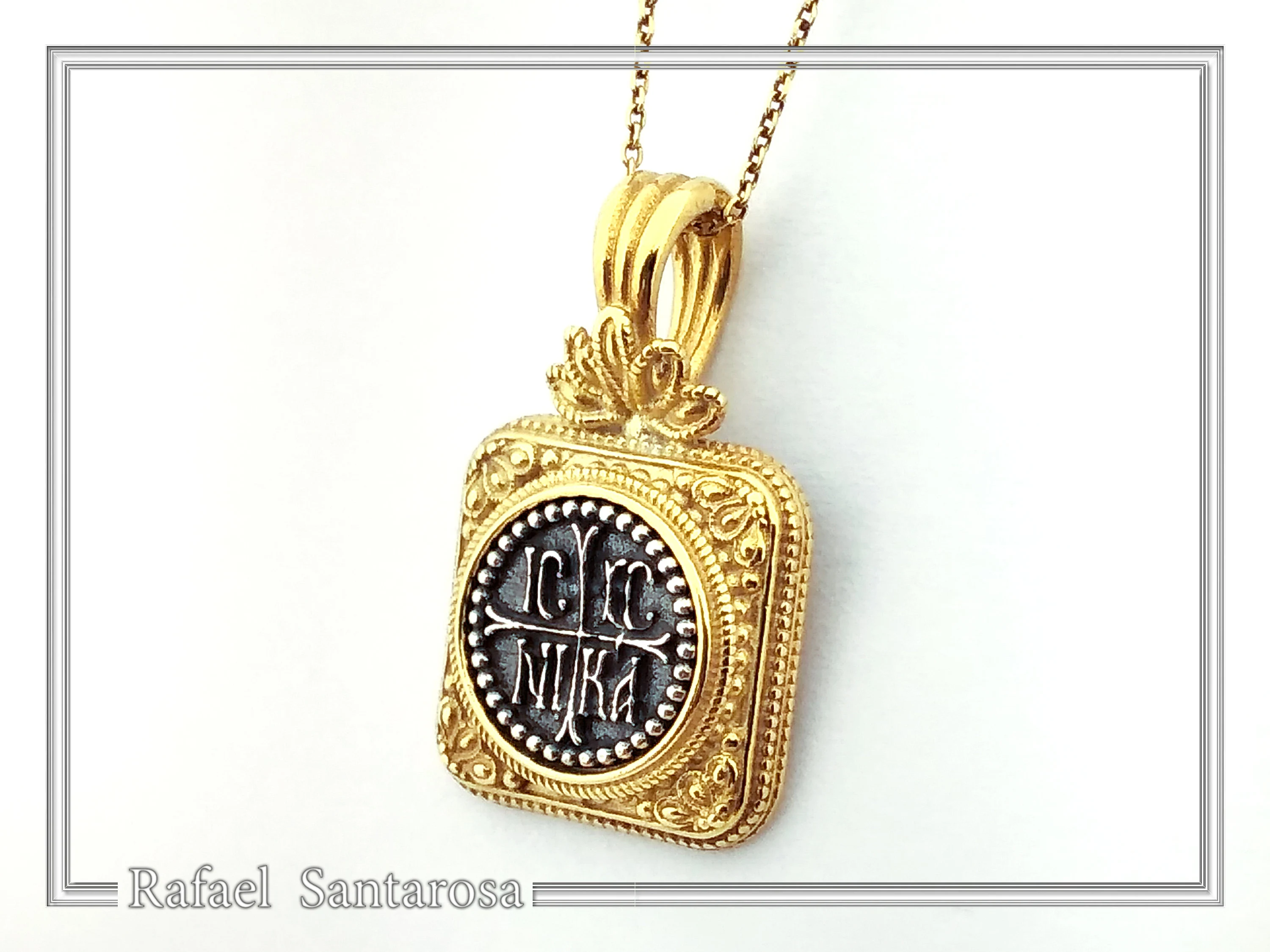 ICXC NIKA Christogram Byzantine prayer Necklace: Oxidized Sterling Silver and Gold filled Pendant — additional product image 4 from Rafael Santarosa Fine Jewelry