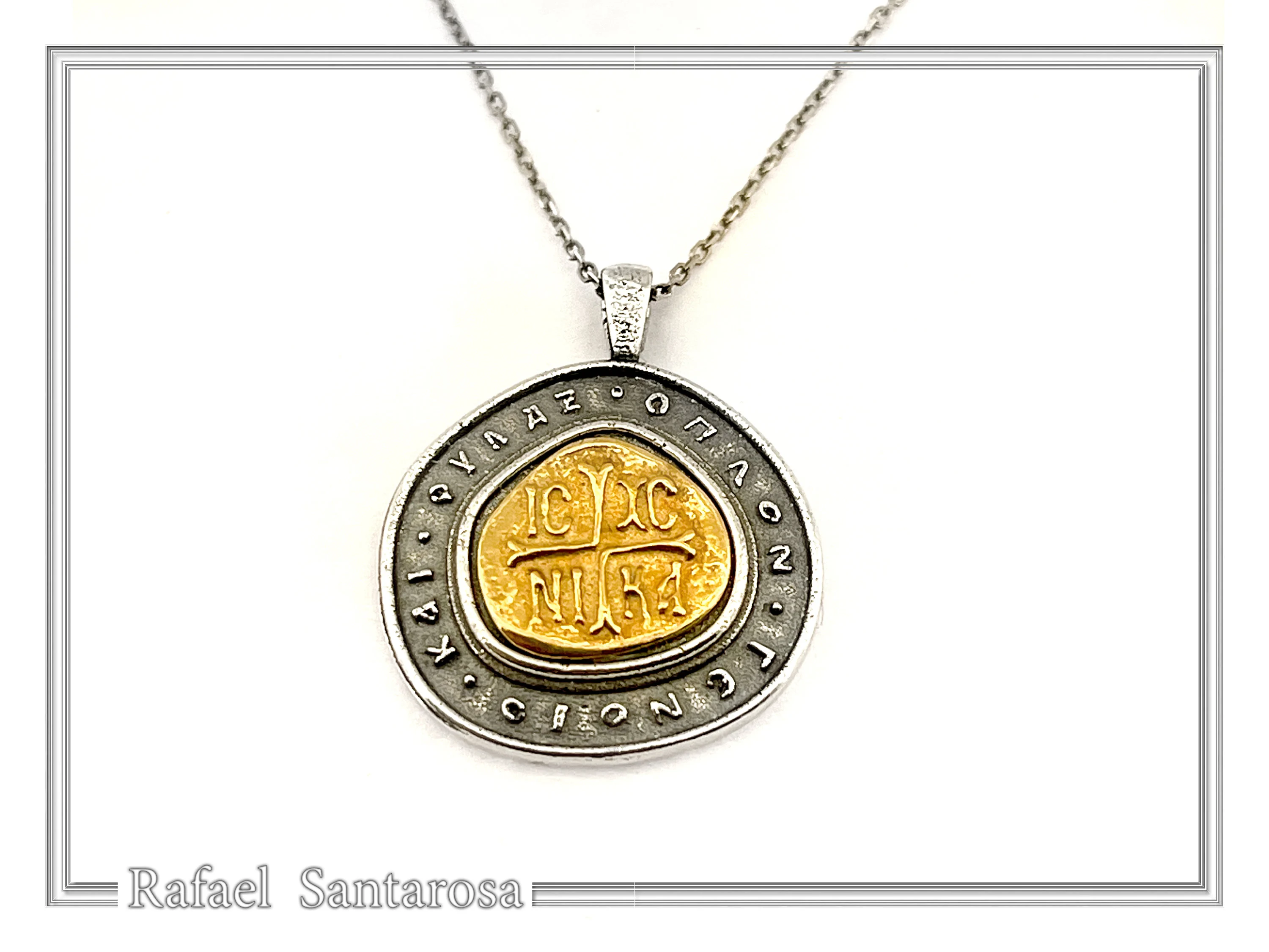 Jesus Christ Victorious Necklace: 18K Gold Christogram & Oxidized Sterling Silver. ICXC NIKA Orthodox Prayer. — additional product image 6 from Rafael Santarosa Fine Jewelry