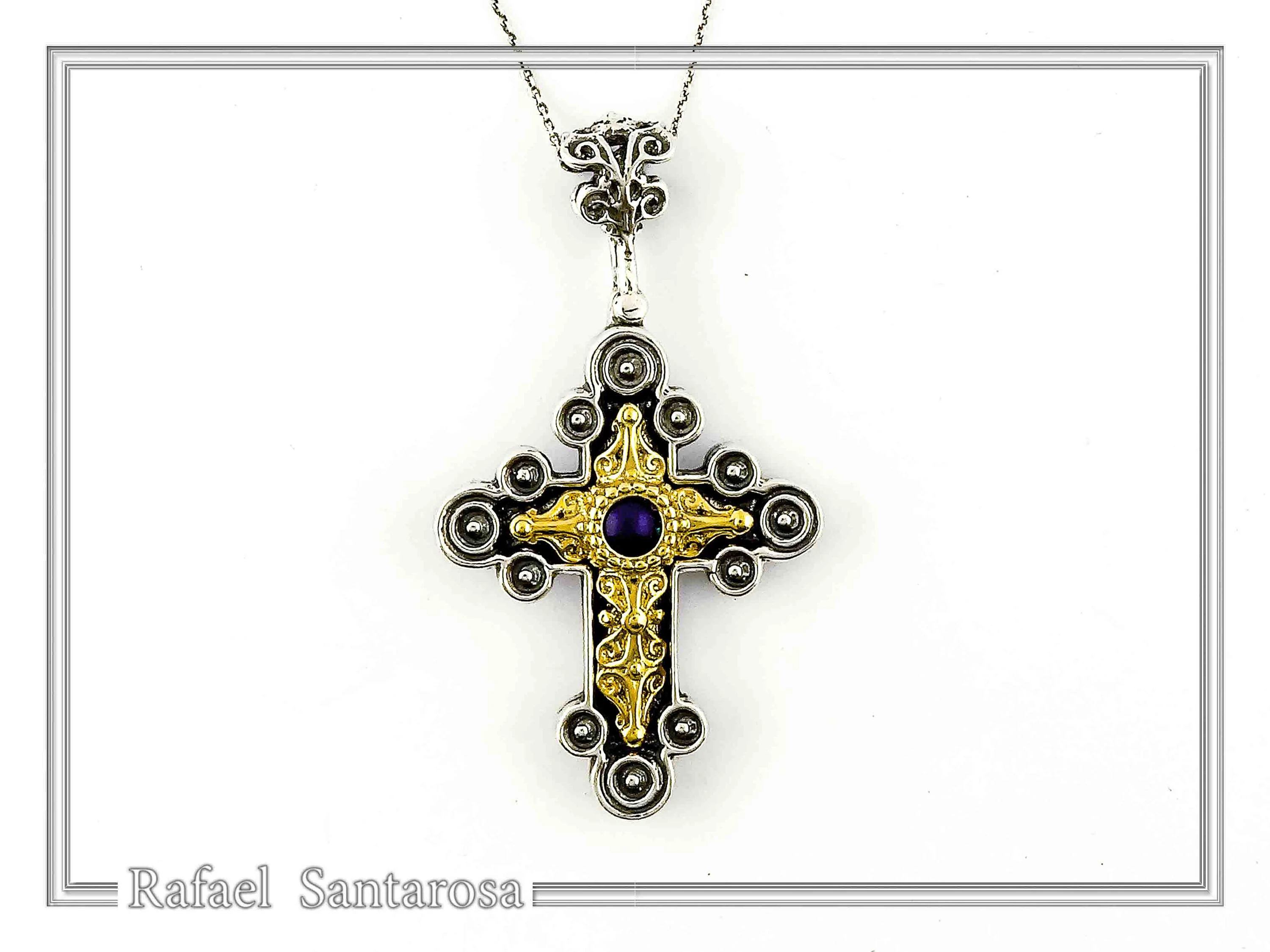 Natural Lapis Lazuli Byzantine Religious Cross: Oxidized Sterling Silver and 18K Gold Filled — additional product image 2 from Rafael Santarosa Fine Jewelry