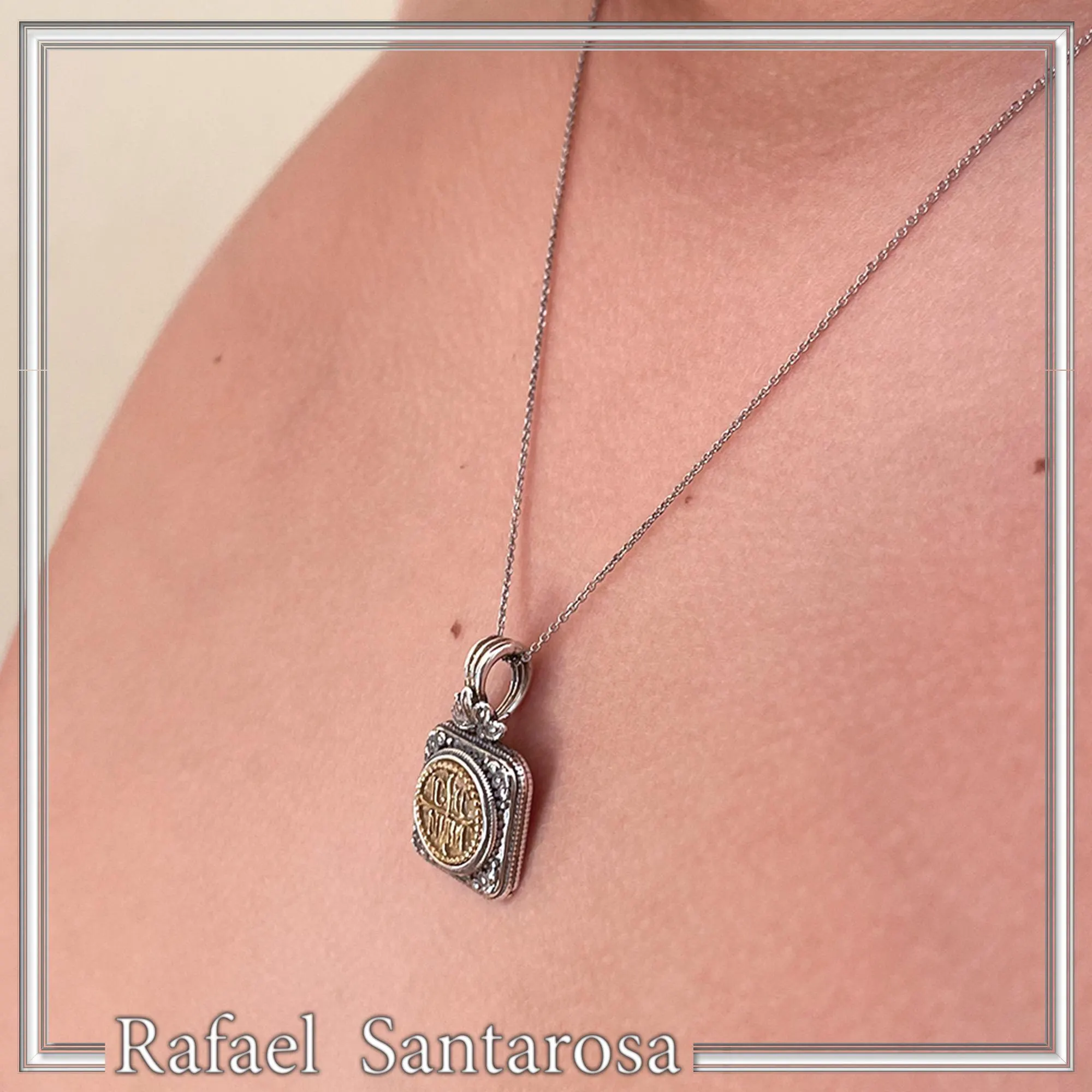 Jesus Christ Victorious Necklace: 18K Gold Christogram on Oxidized Silver. ICXC NIKA Orthodox Prayer — additional product image 7 from Rafael Santarosa Fine Jewelry