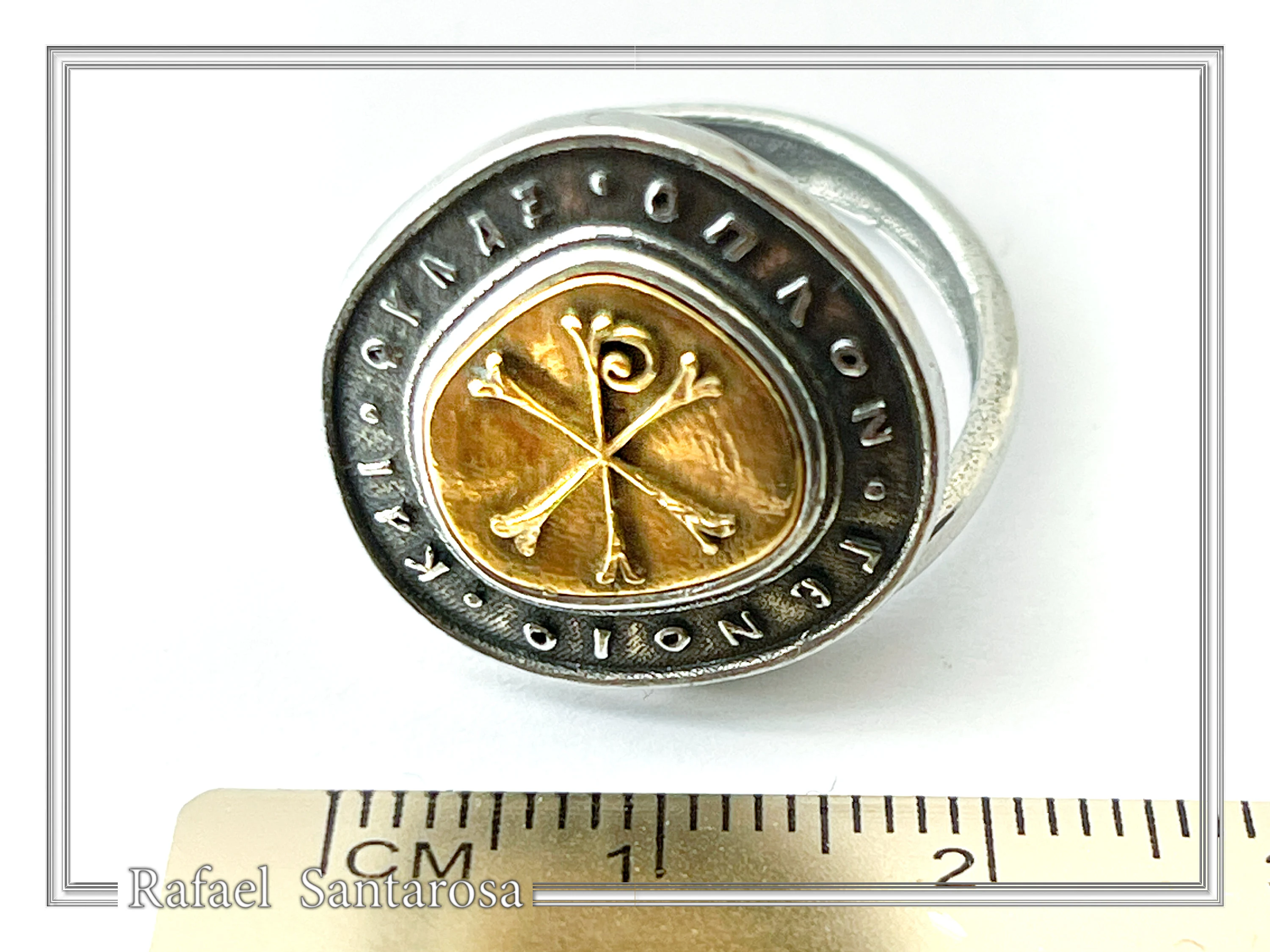 18K Gold Chi Rho Christogram on Oxidized Sterling Silver Adjustable Ring, Byzantine Prayer Talisman — additional product image 7 from Rafael Santarosa Fine Jewelry