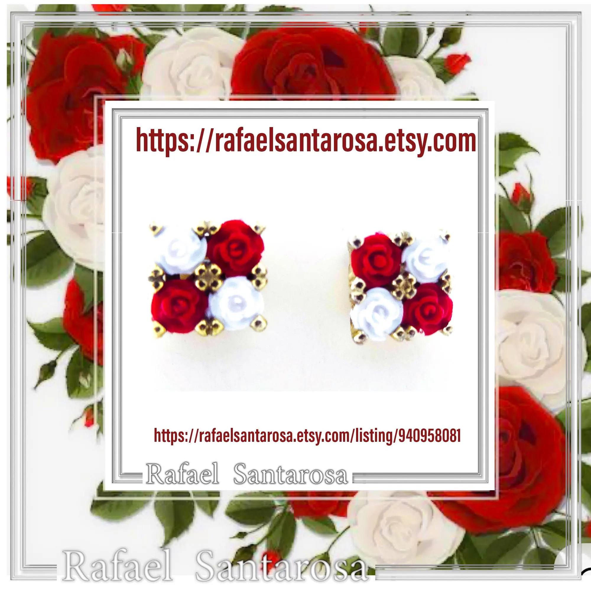 Rose Flowers minimal Stud Earrings: Red and White Alabaster Flowers, Sterling Silver 18K Gold-Filled — additional product image 10 from Rafael Santarosa Fine Jewelry