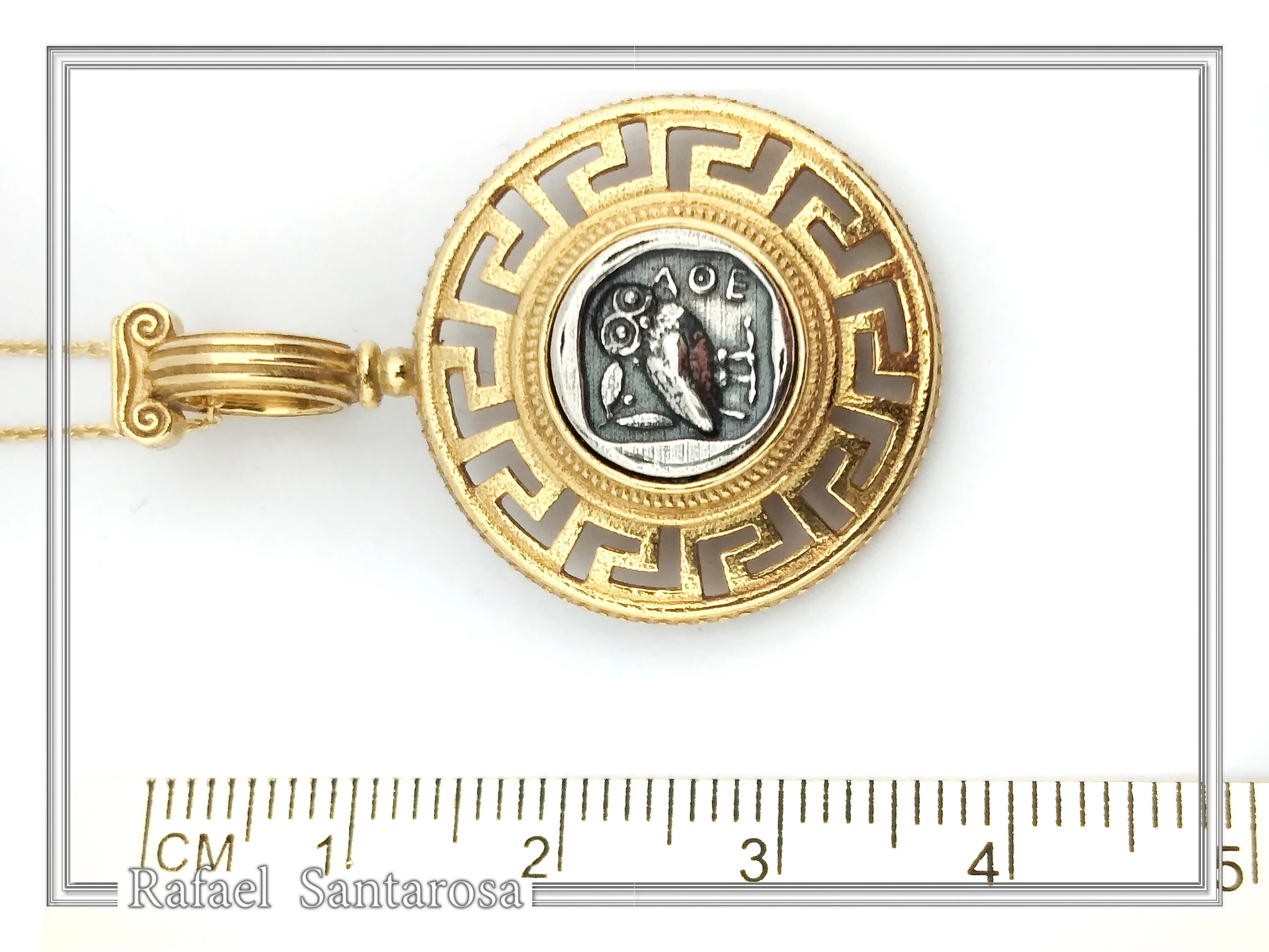 Athenian Owl Coin Pendant: 18k Gold-Filled Sterling Silver Greek Key Necklace — additional product image 8 from Rafael Santarosa Fine Jewelry
