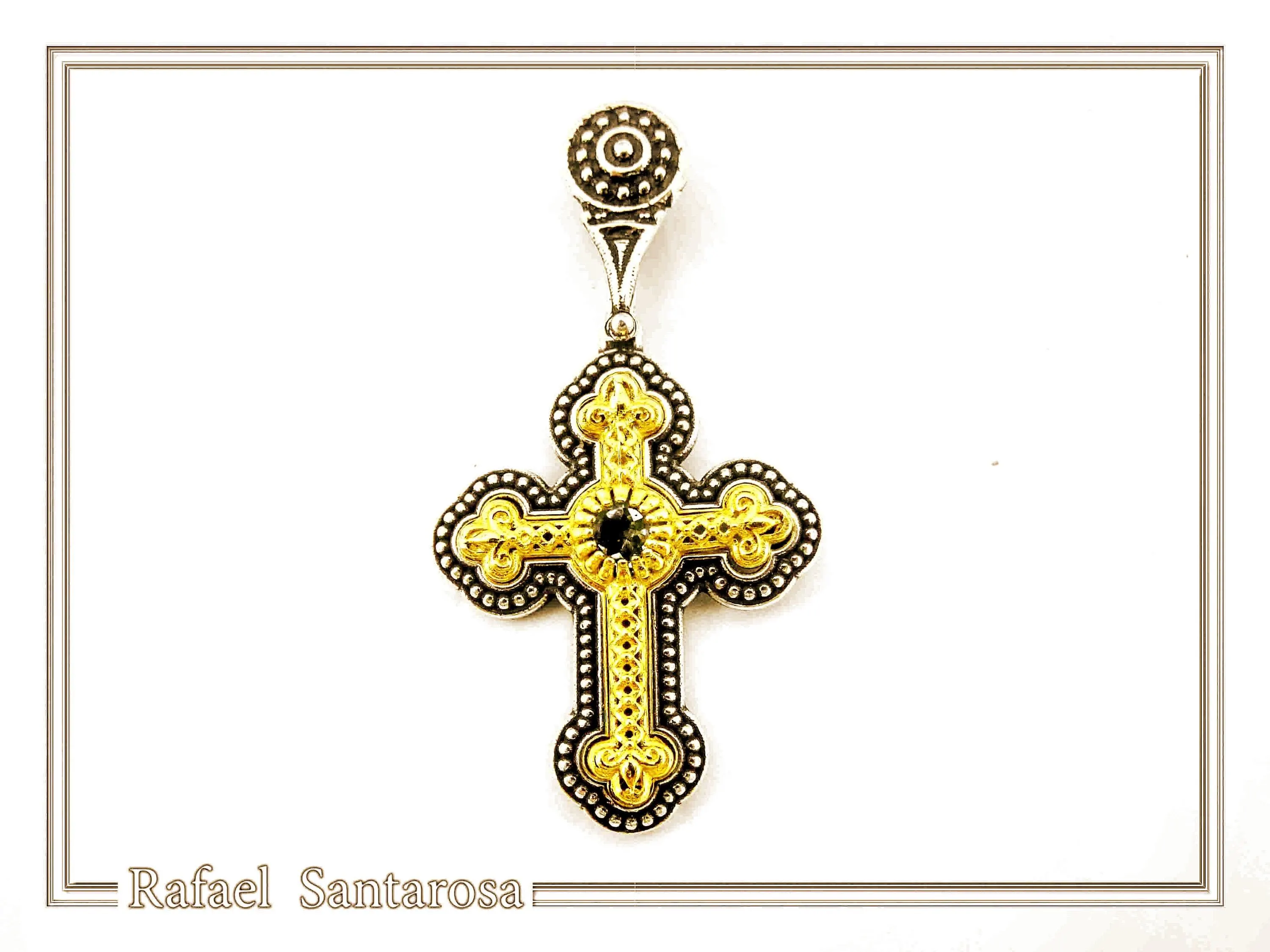 Genuine Sky-Blue Topaz Byzantine Filigree Cross Necklace: Silver oxidised & 18K Gold filled — additional product image 2 from Rafael Santarosa Fine Jewelry