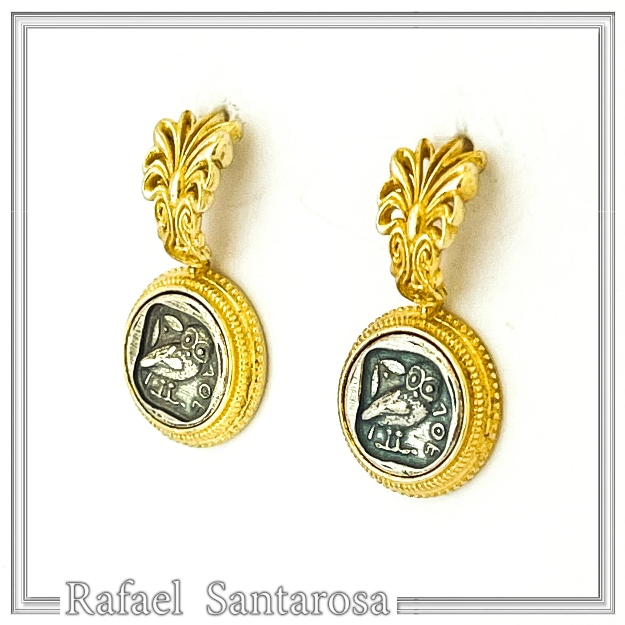Athena Owl Coin Tetradrachm Antefix Earrings: Oxidised & 18K Gold-Filled Sterling Silver, Museum Replica — additional product image 2 from Rafael Santarosa Fine Jewelry